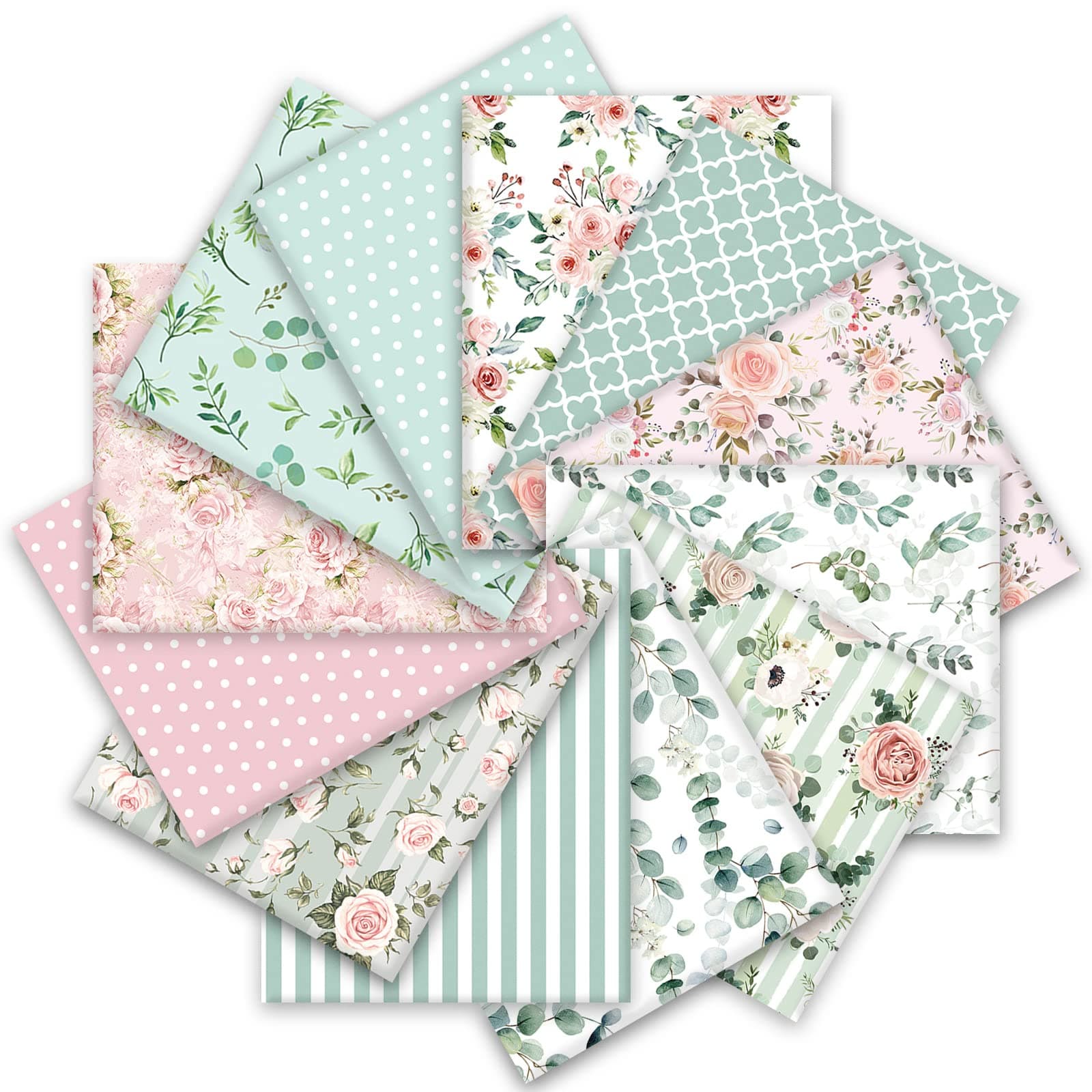 Whaline 12Pcs Spring Cotton Fabric Bundles 10 x 10 Inch Floral Greenery Printed Fat Quarters Pink Green Retro Quilting Patchwork for DIY Handmade Crafting Home Party Decor
