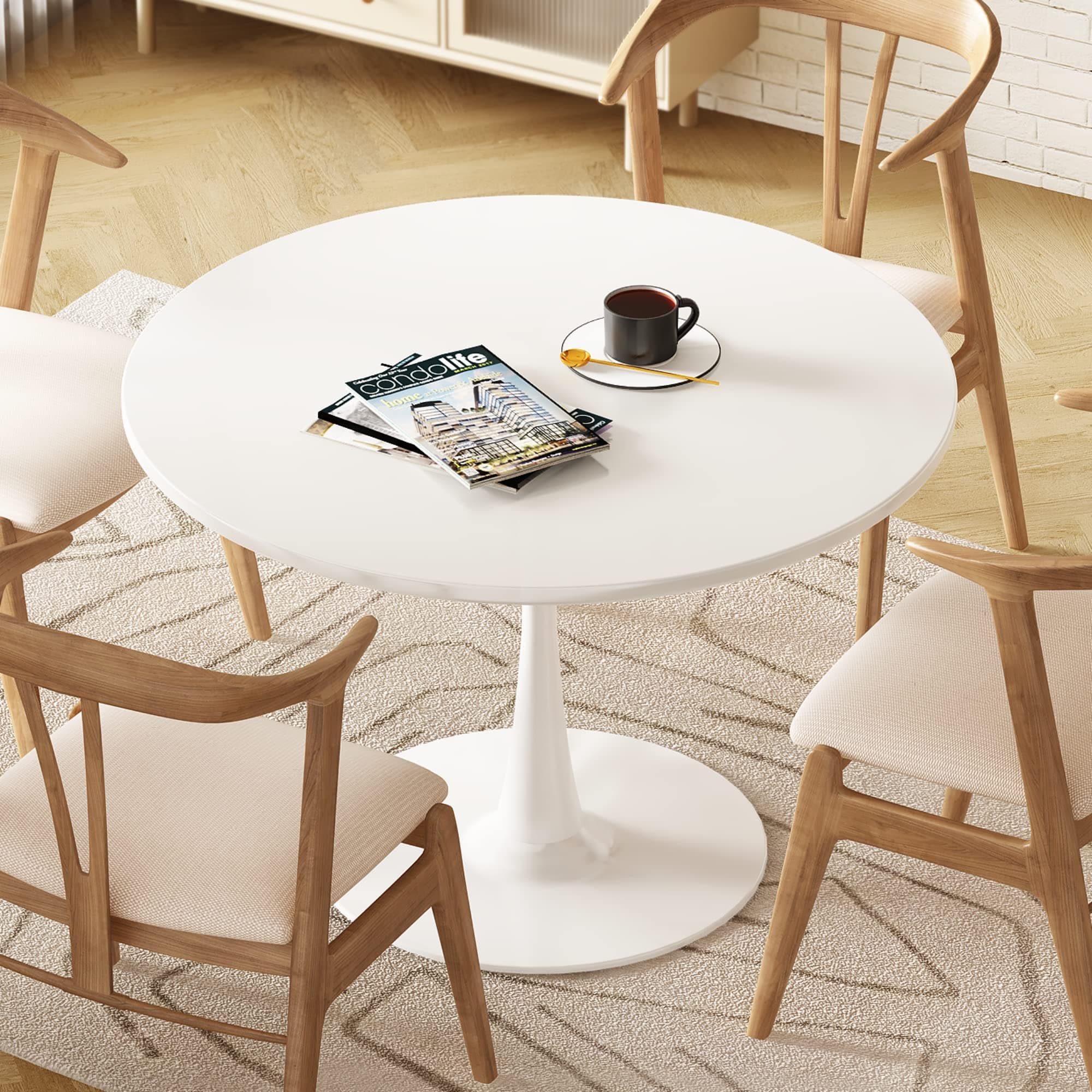 DKLGG White Round Dining Table, 31.5" Tulip Table, 2-4 People, MDF Top & Metal Legs, Modern Minimalist Design