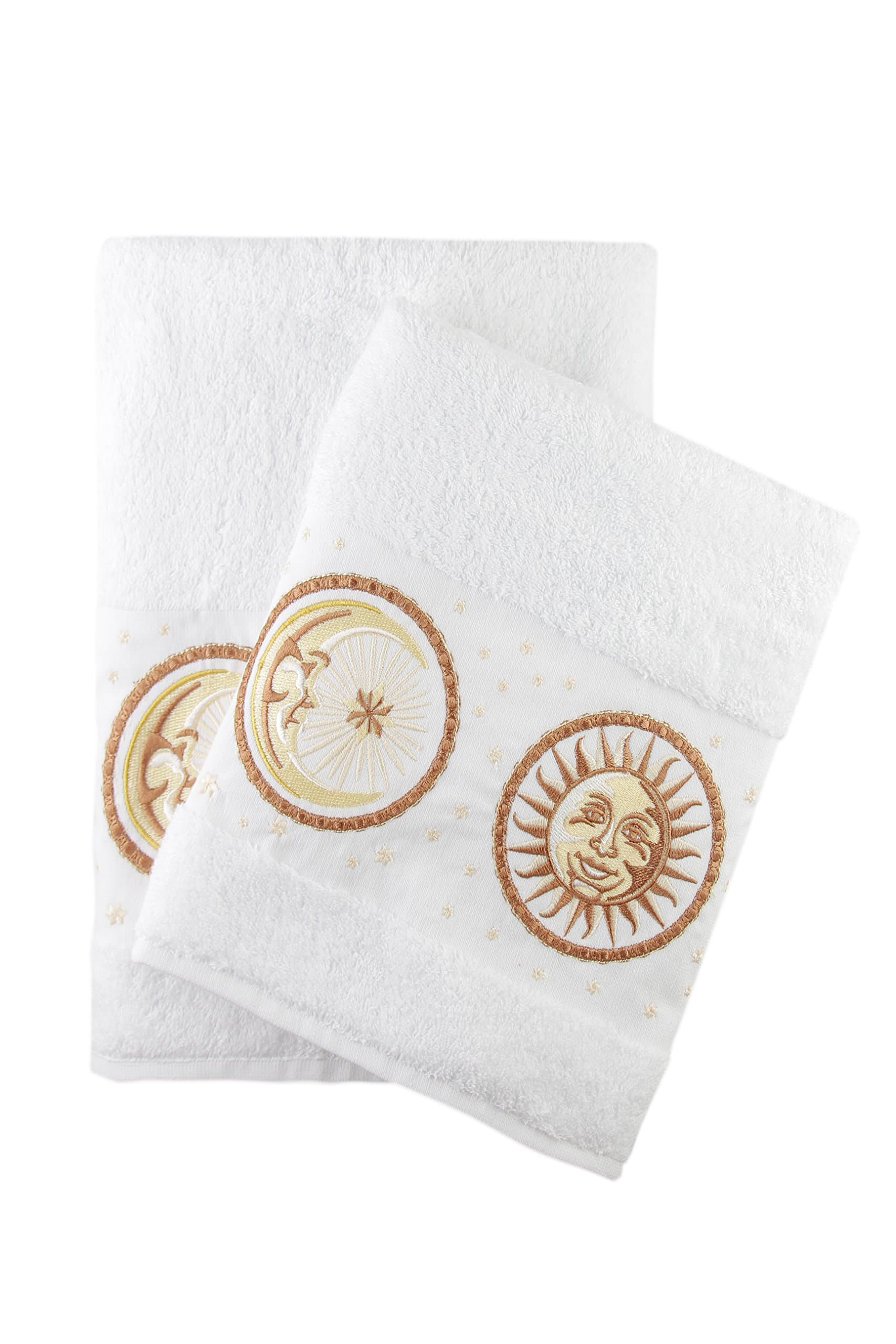Ebru Luxury Sun & Moon Embroidered White Bath and Hand Towel 100% Cotton Bathroom Set & Gift