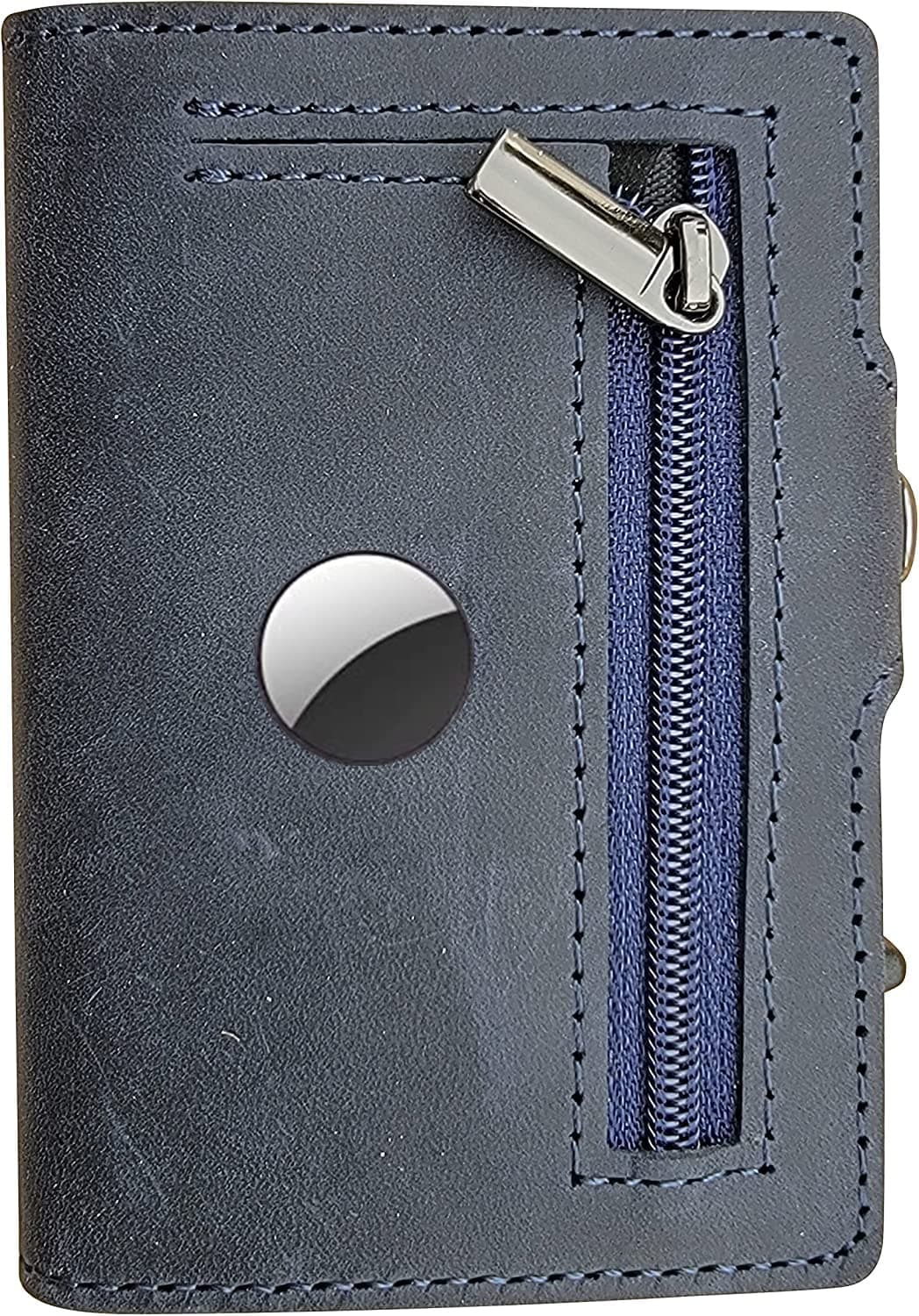 Wallet For Airtag Genuine Leather Credit Card Money Holder for Men | RFID Blocking | Automatic Popup Mini Aluminum Bifold Slim Zipper Coin Pocket Case for Airtag Mens Wallets Air Tag Cover (Blue)