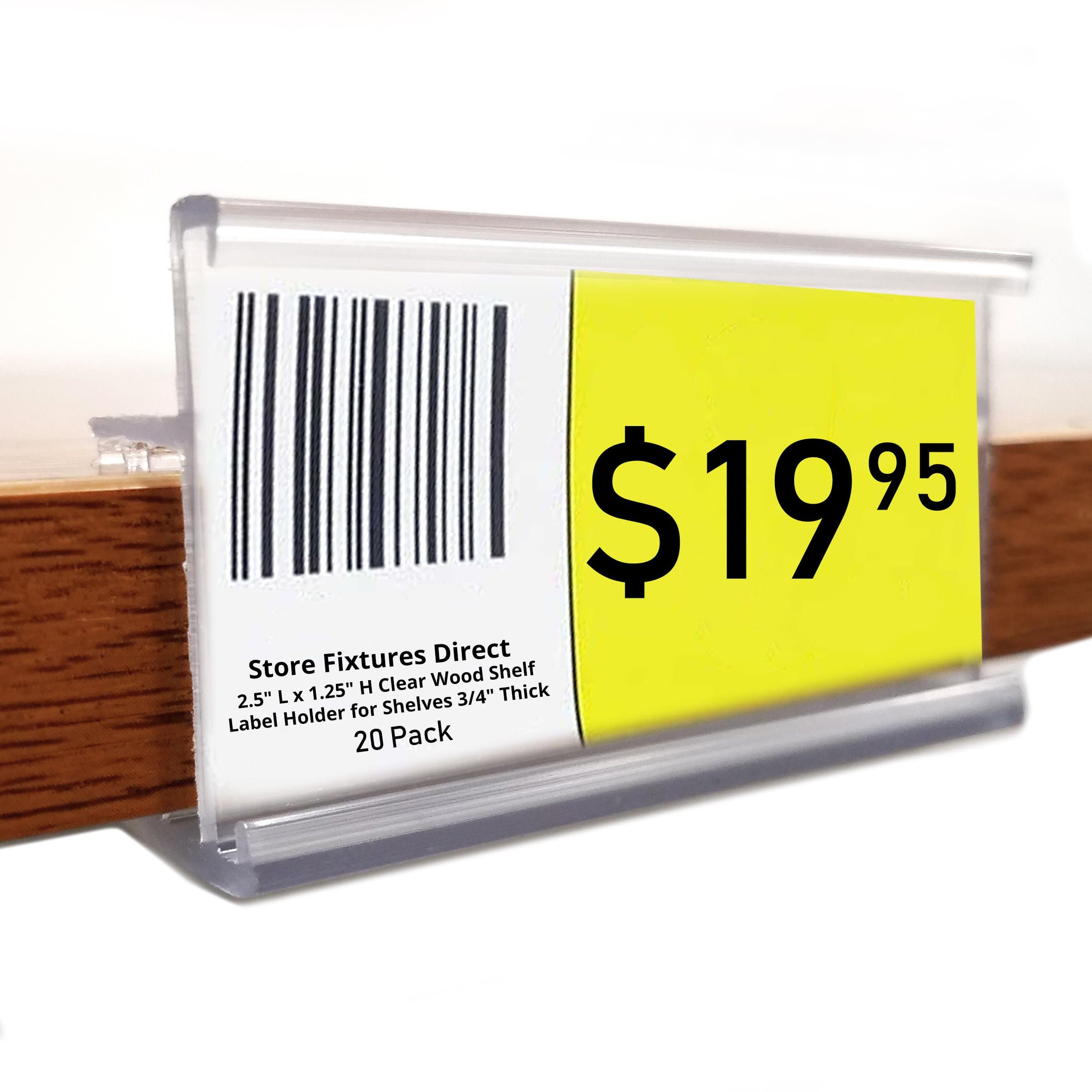2.5" L x 1.25" H Clear Wood Shelf Label Holder, Clips & Grips On to Shelves 3/4" Thick - 100 Pack