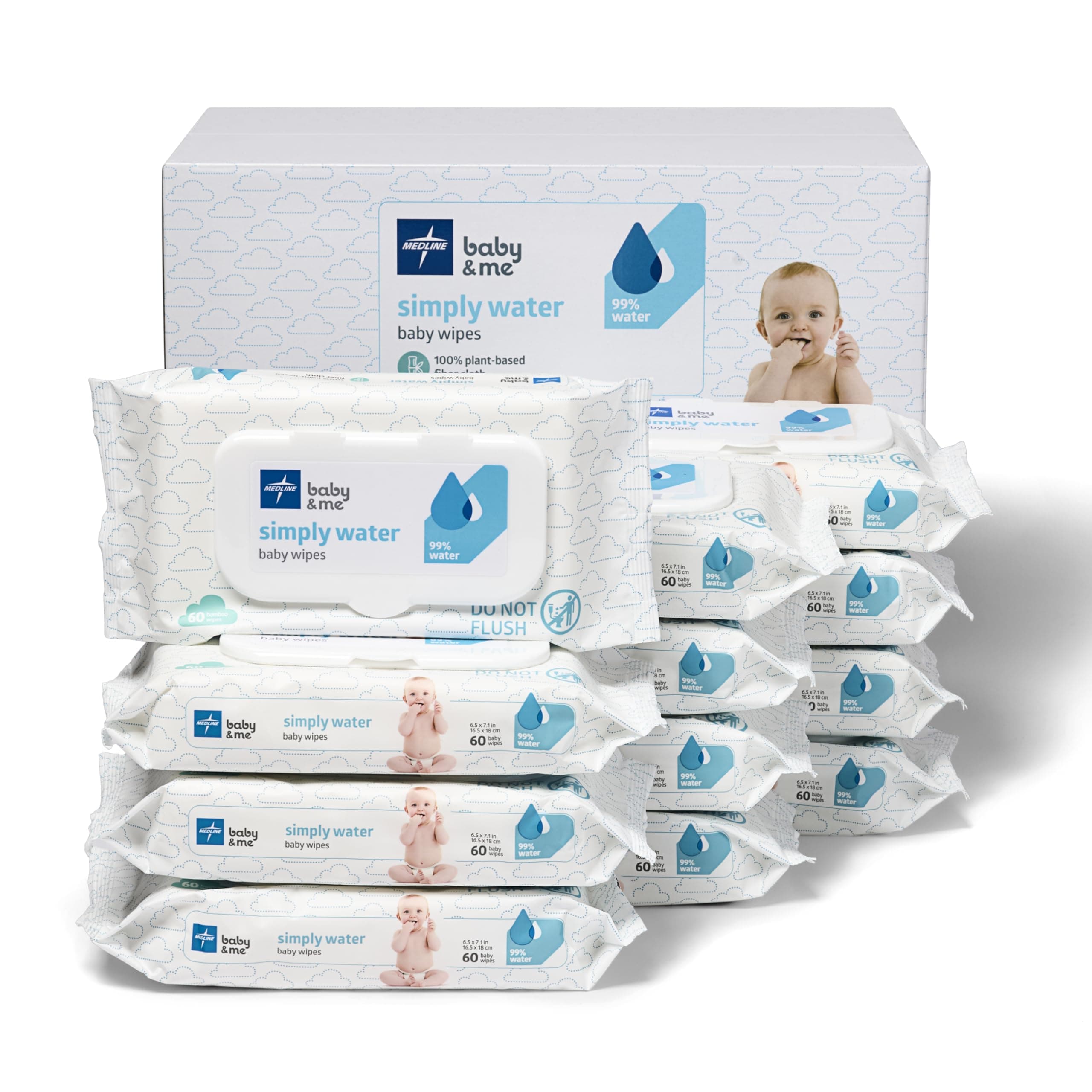 Medline Simply Water Baby Wipes, 99% Water Solution Wipes, 100% Plant-Based Bamboo Fiber Cloth, 12 Packs of 60 Count