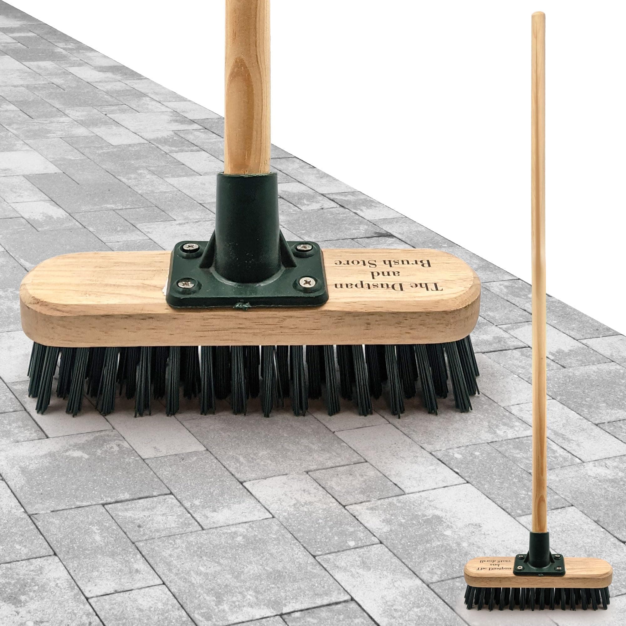 TDBS The Dustpan and Brush Store 9" Stiff Heavy Duty Long Handled Scrubbing Deck Broom with Wooden Handle PVC Bristles