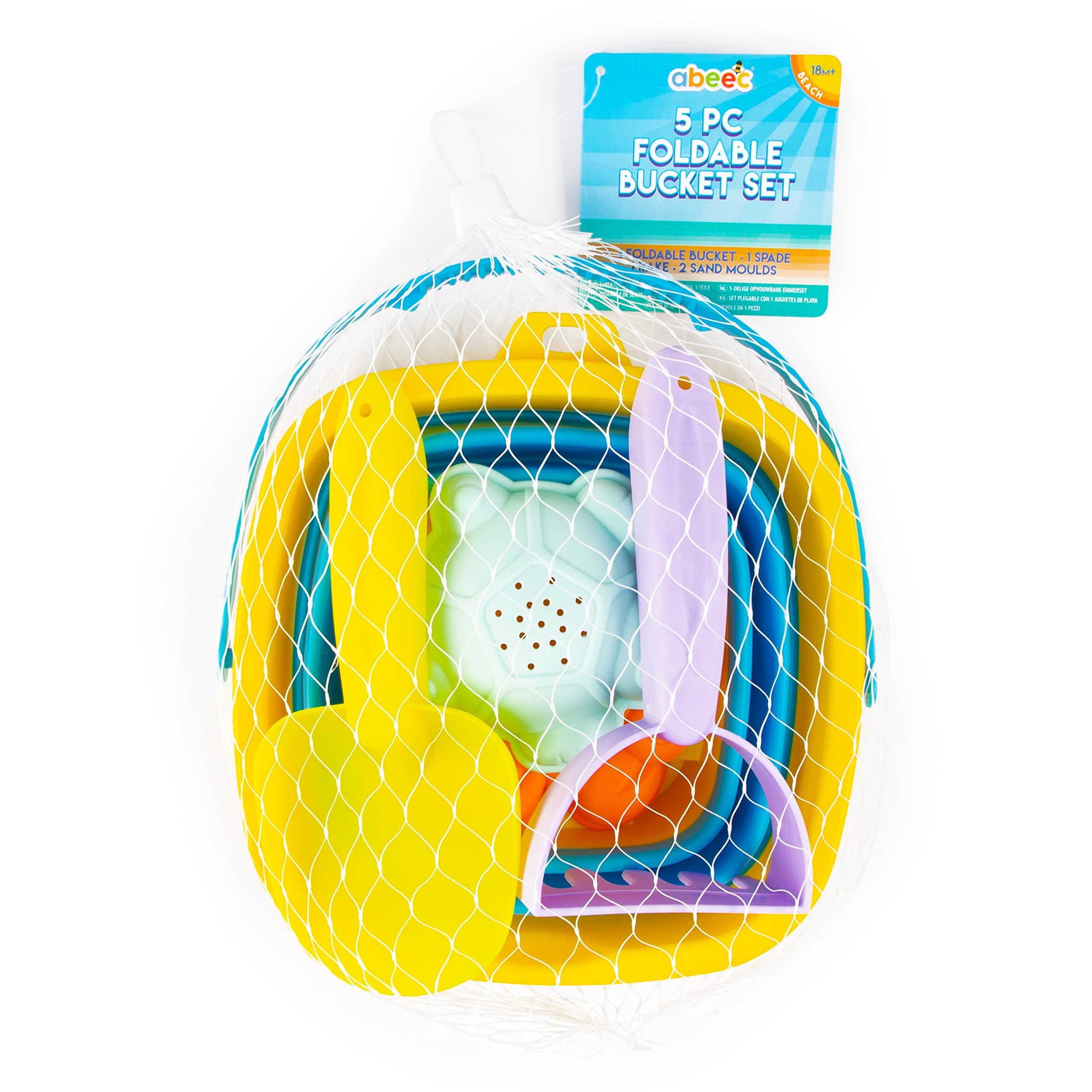 abeec 5 Piece Foldable Beach Bucket Set – Collapsible Sand Bucket & Sandpit Toys – Ideal Beach, Outdoor, Water, and Sand Toys for Kids