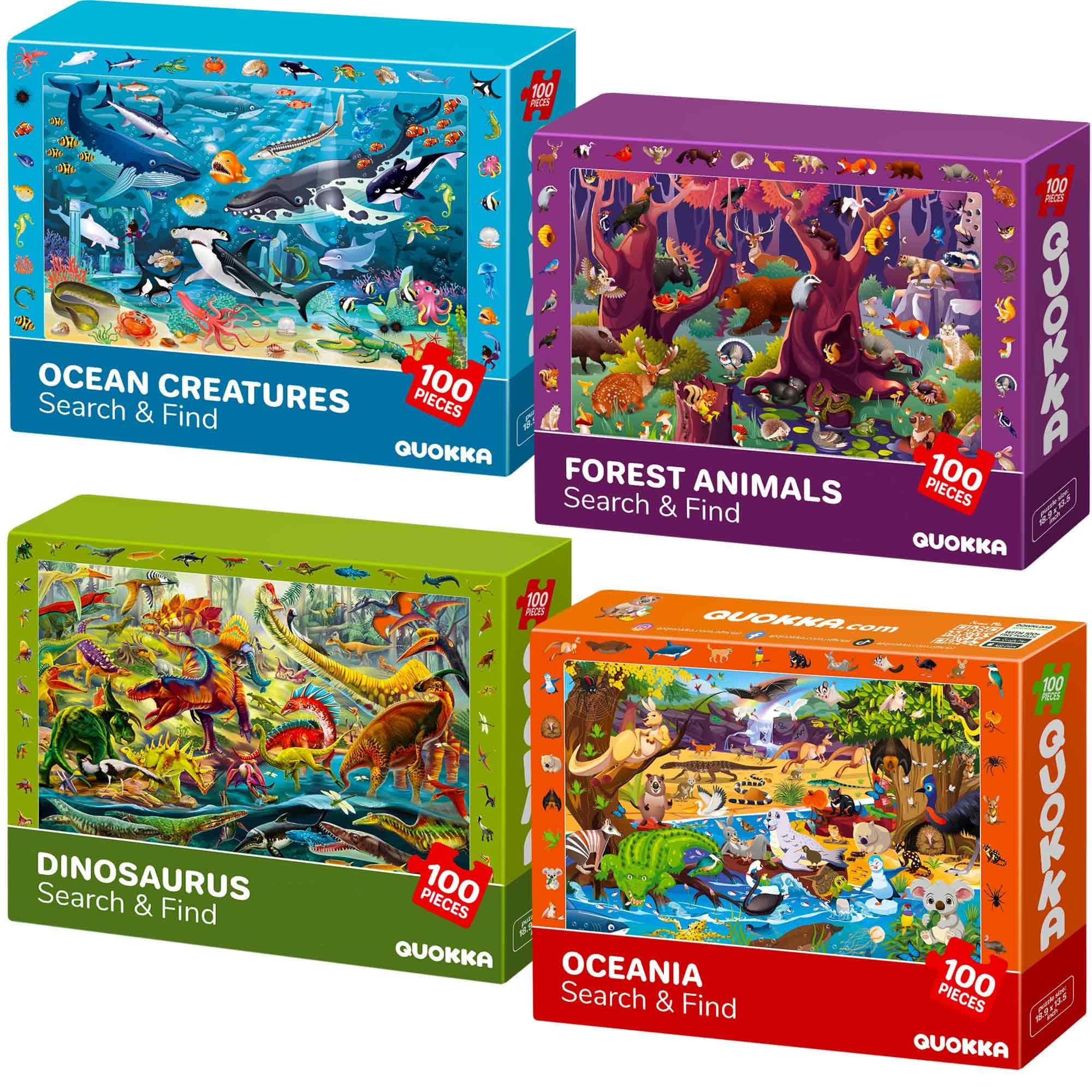 100 Piece Puzzles for Kids Ages 4-6 - 4 Jigsaw Puzzles for Kids Ages 6-8 - Search and Find Game with Animals, Dinosaurs for Childrens 5-8 - Learning Educational Toys for Boys and Girls 8-11