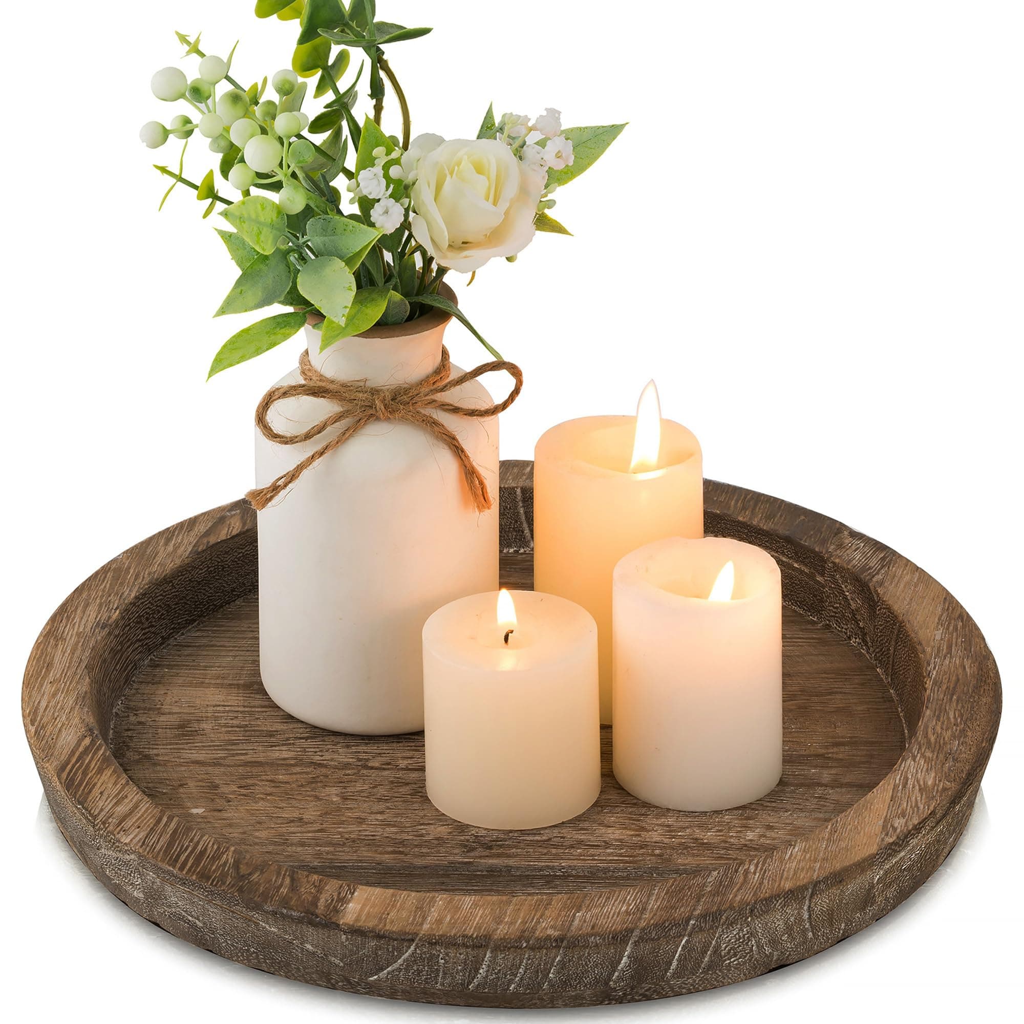 Hanobe Wooden Candle Holder Tray: Round Decorative Candle Plate Farmhouse Table Centerpiece Rustic Wood Tealight Pillar Trays for Christmas Wedding Halloween Home Decor