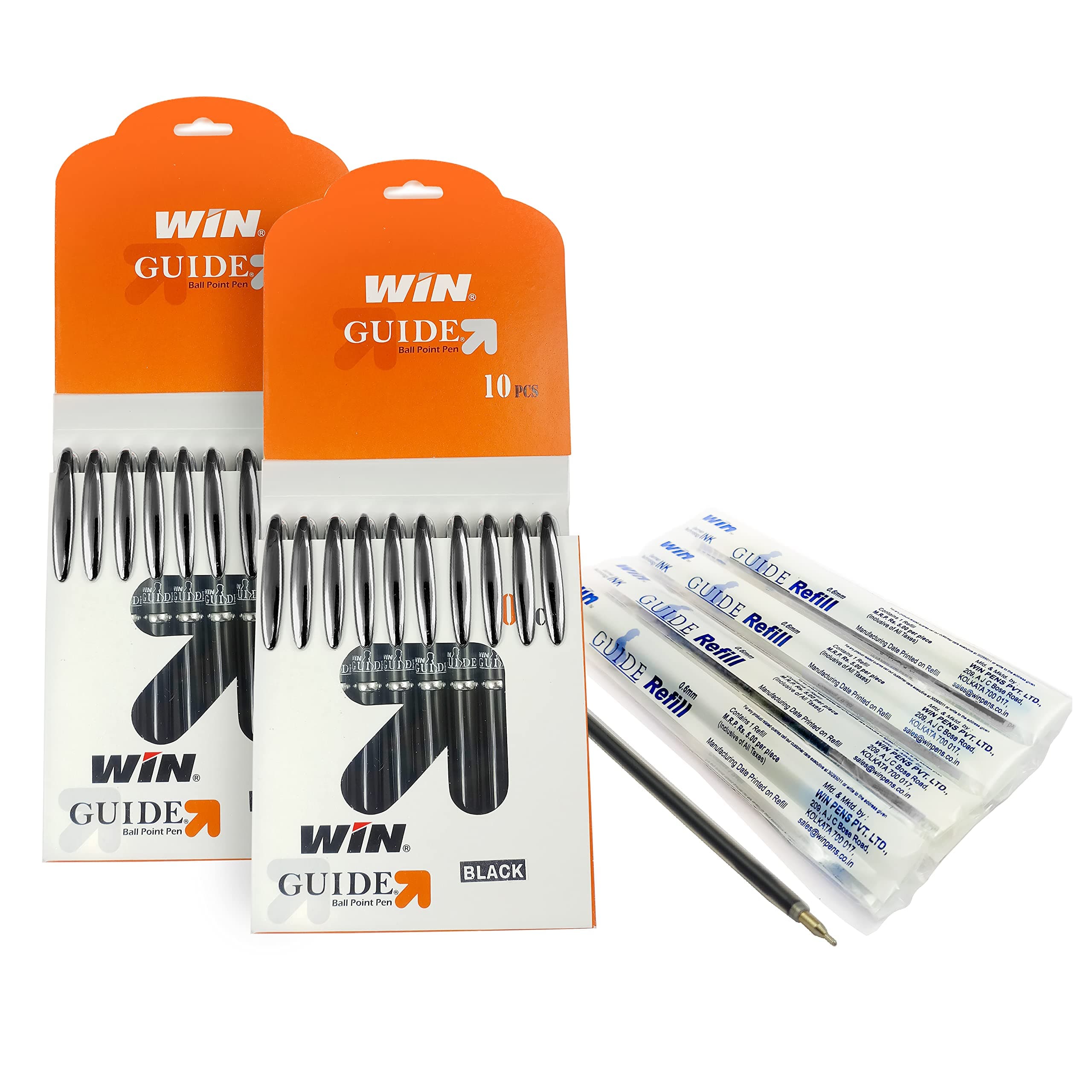 WIN Guide Ball Pens Set | 20 Black Ink Pens and 10 Refills | Premium Pens with Stylish Metallic Clip | 0.6 mm Sharp Tip | Refillable Pen Ideal for Students and Exams | School, Office & Corporate Uses