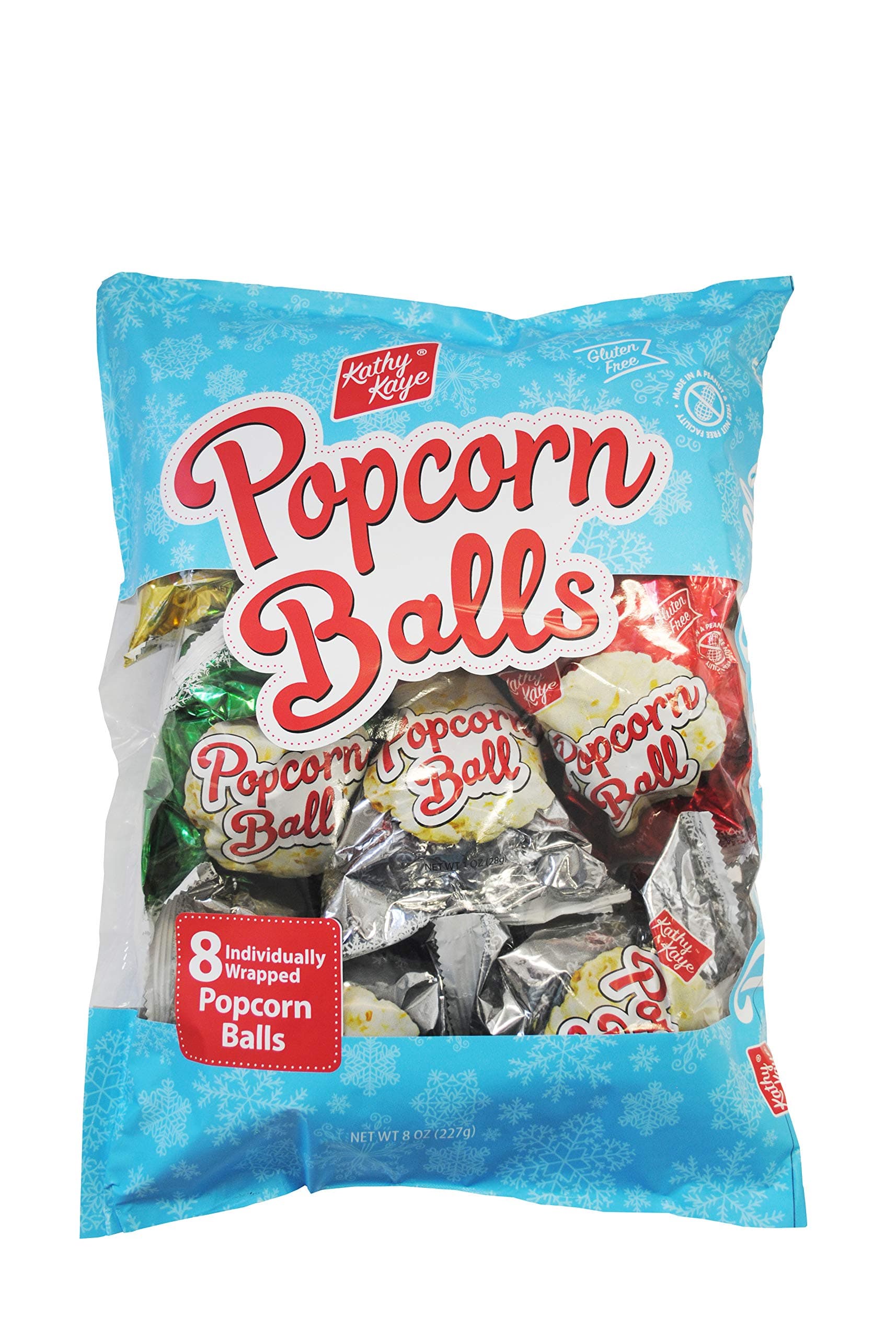 Kathy Kaye Foods 1 Bag Popcorn Balls - 8 Individually Wrapped Balls per Bag - Holiday/Christmas Design - Gluten, Peanut & Tree Nut Free - 8 oz