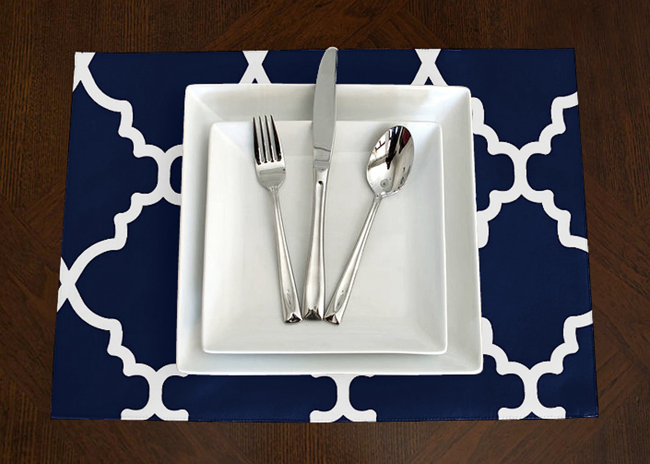 A LuxeHome Navy Blue and White Modern Contemporary Trellis Placemat Topper Table Mat Set of 4