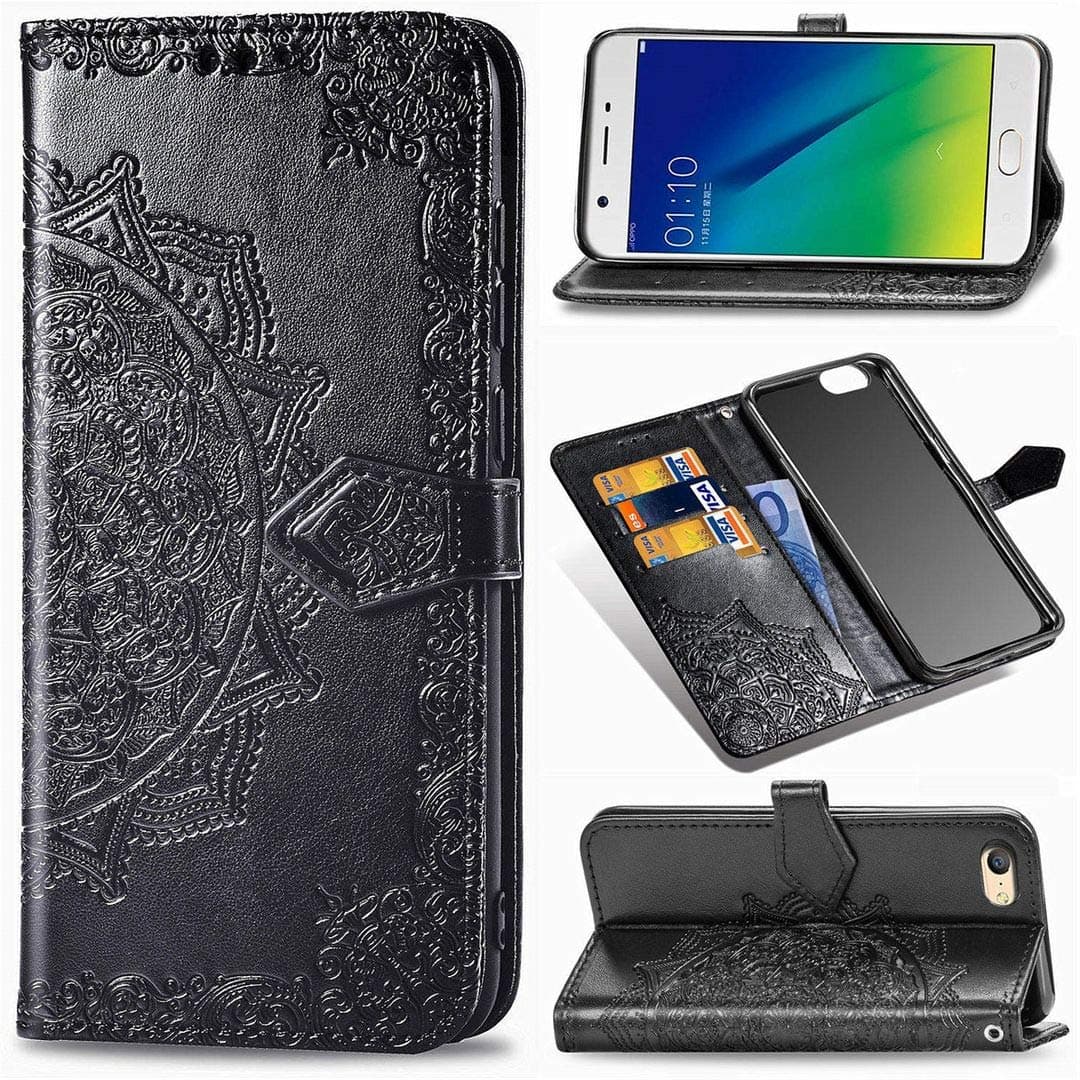Case for Oppo A57 / A39, Mandala Embossing PU Leather Flip Magnet Wallet Stand Card Slots Protective Cover with Hand Strap for Oppo A57 / A39 (Black)