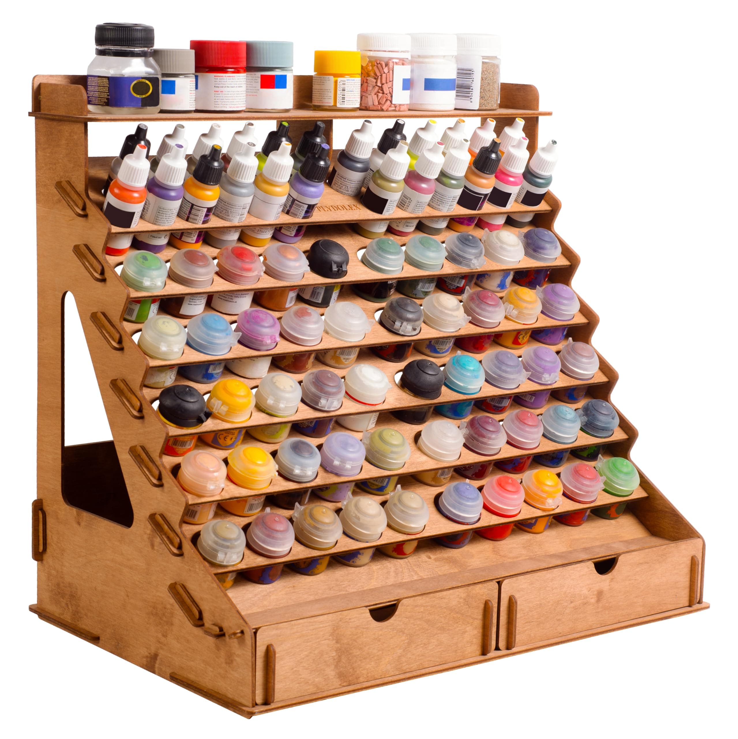 Plydolex Wooden Paint Organizer - 74 Holes Suitable for Vallejo, Citadel, Tamiya Paint Bottles - 14 Brushes Holes, 6 Minis Stands and 2 Drawers - Works for Warhammer, DnD and Other Miniatures