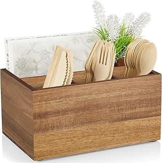 DRASTAR Utensil Holder, Utensil Caddy for Party, Acacia Wood Silverware Caddy, Flatware Organizer Countertop, Cutlery Storage Containers for Kitchen Table