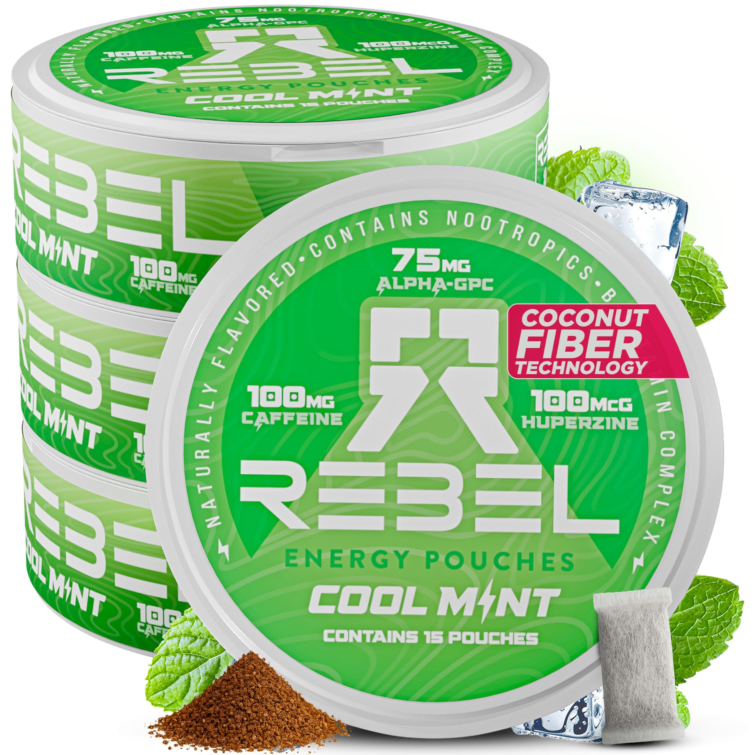 Nootropic Energy Caffeine Pouches • 100mg Caffeine • Alpha GPC • Huperzine A & Essential Vitamins • Sugar-Free • Coconut Fiber Technology • Cool Mint Flavor • 15 Pouches Per Can (Pack of 4)