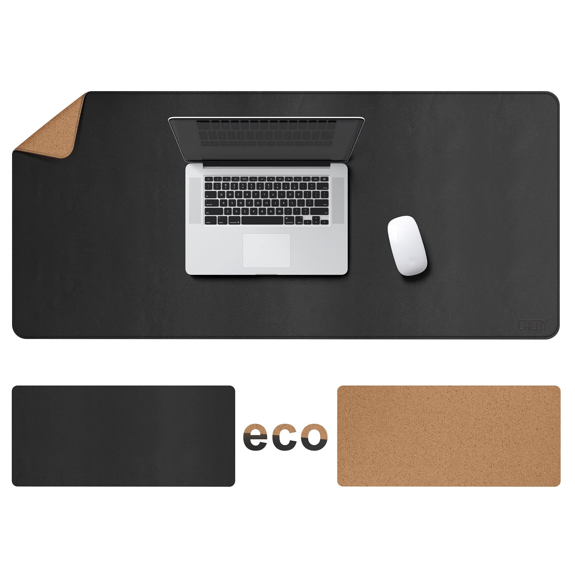 Cacoy Double-Sided Desk Mat, 120 x 60 cm Natural Cork and PU Leather Desk Mat Gaming Mouse Pad for Office and Home (Black)