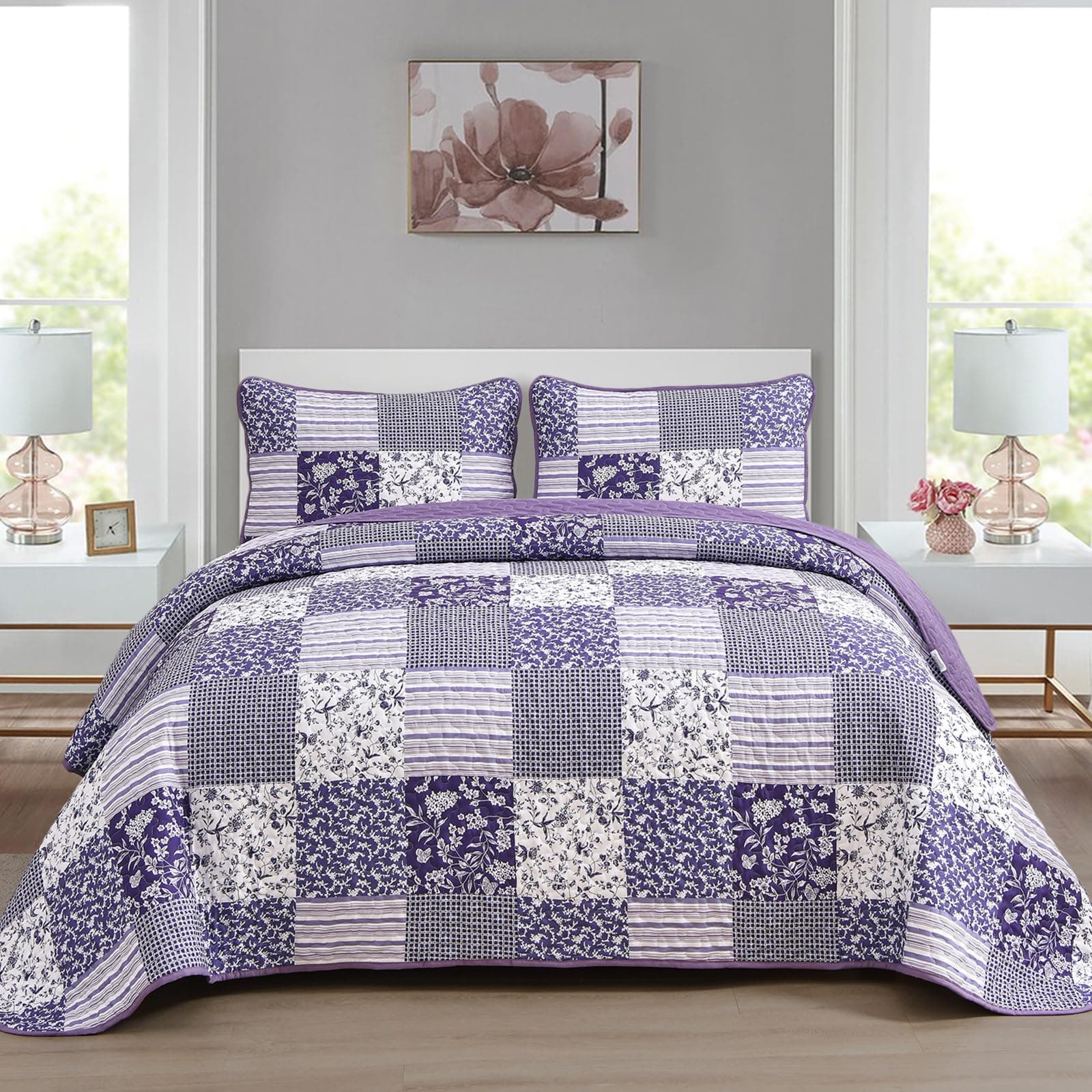 Mybedsoul Purple Quilt Set King Size Quilt Bedding Set Brown Plaid,3 Pieces Floral Patchwork Reversible Bedspread Coverlet Set for All Season,Soft Microfiber Bedding Set King 90"x104"