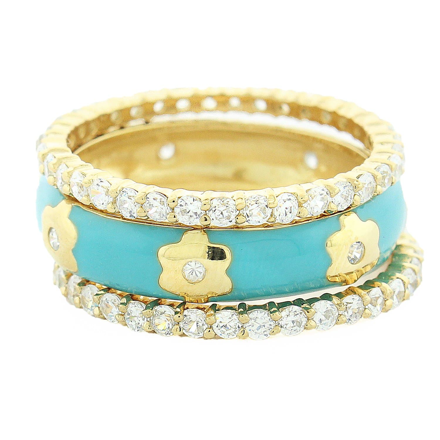 Gold Plated Sterling Silver Turquoise Enamel Center Band and Cubic Zirconia All-Around Stacking Band Rings