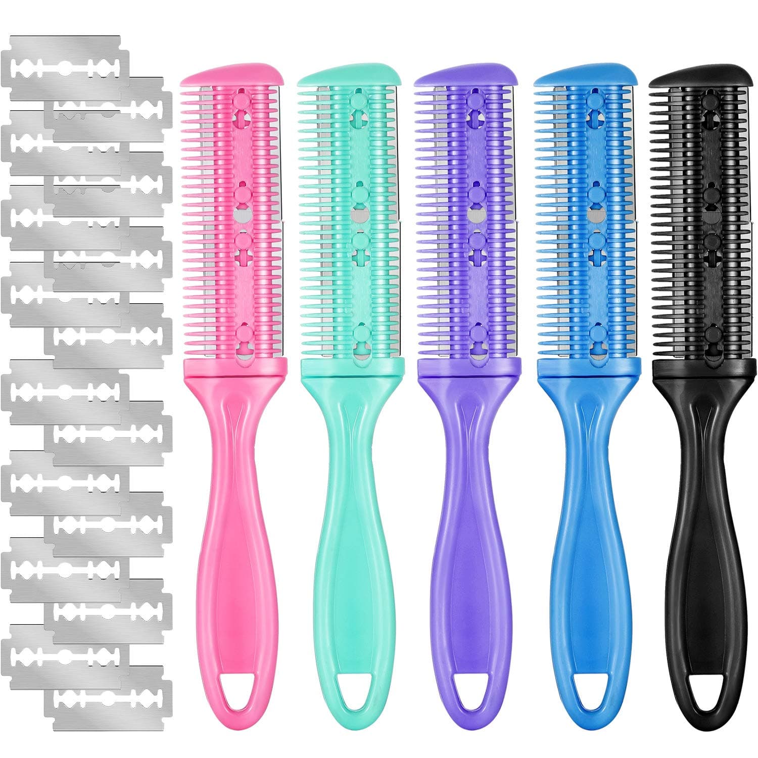 Boao 5 Pieces Razor Comb with 20 Pieces Razors, Hair Cutter Comb Dual Side Cutting Scissors Hair Thinning Comb Double Edge Hair Razor Comb Slim Haircuts Cutting Tool (5 Colors)