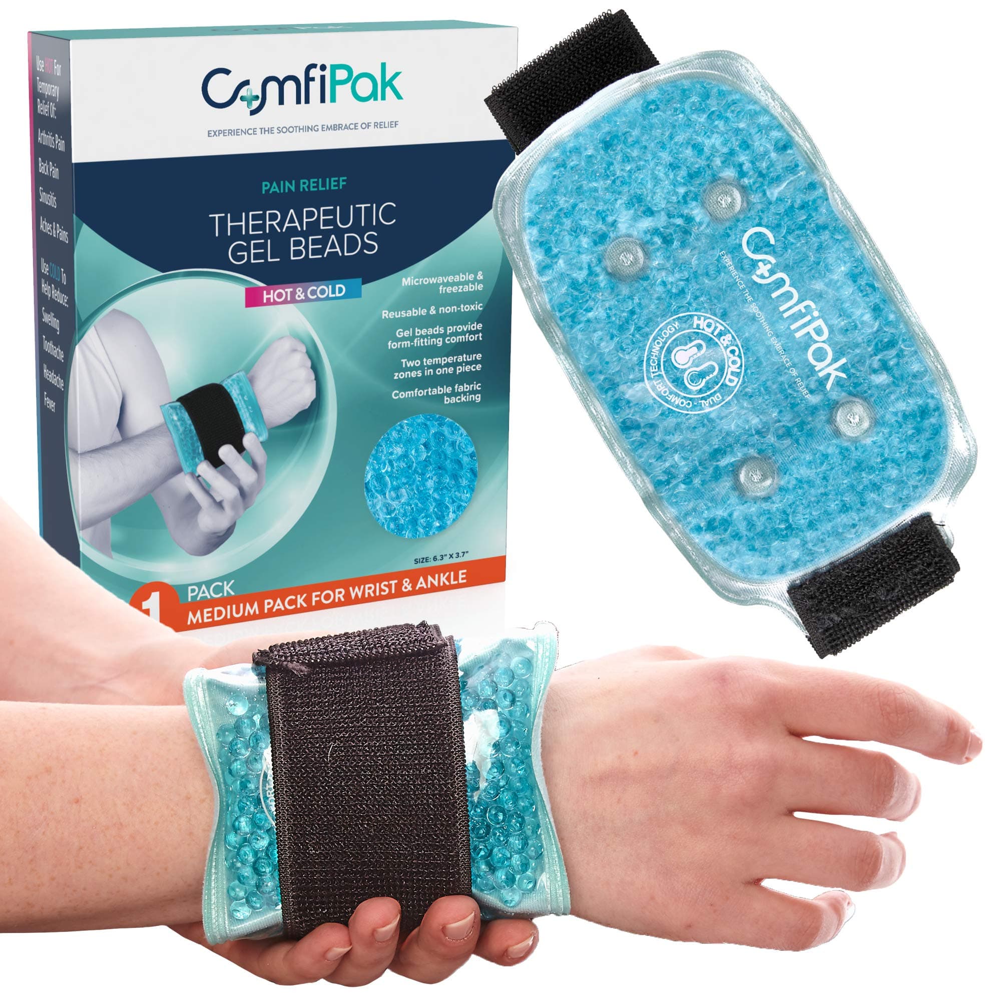 Wrist and Ankle Gel Pack – Reusable Heat and Ice Packs for Injuries and Pain Relief - Gel Bead Hot and Cold Compression Pad – Freezer and Microwave Safe – ComfiPak
