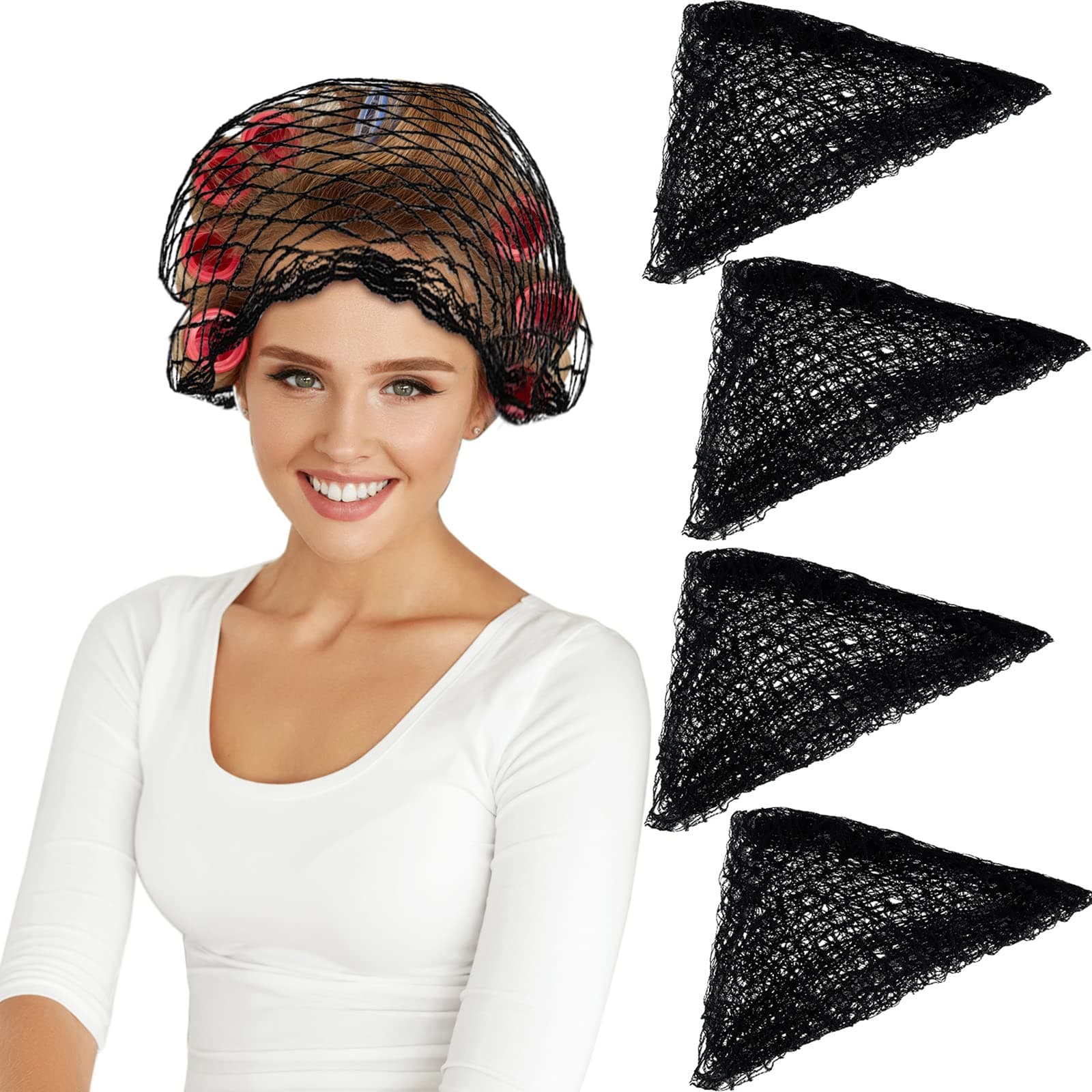 WILLBOND 4 Pcs Cotton Triangle Hair Net for Rollers, Women Mesh Hair Net Setting for Sleeping, 35 x 35 x 57 Inches