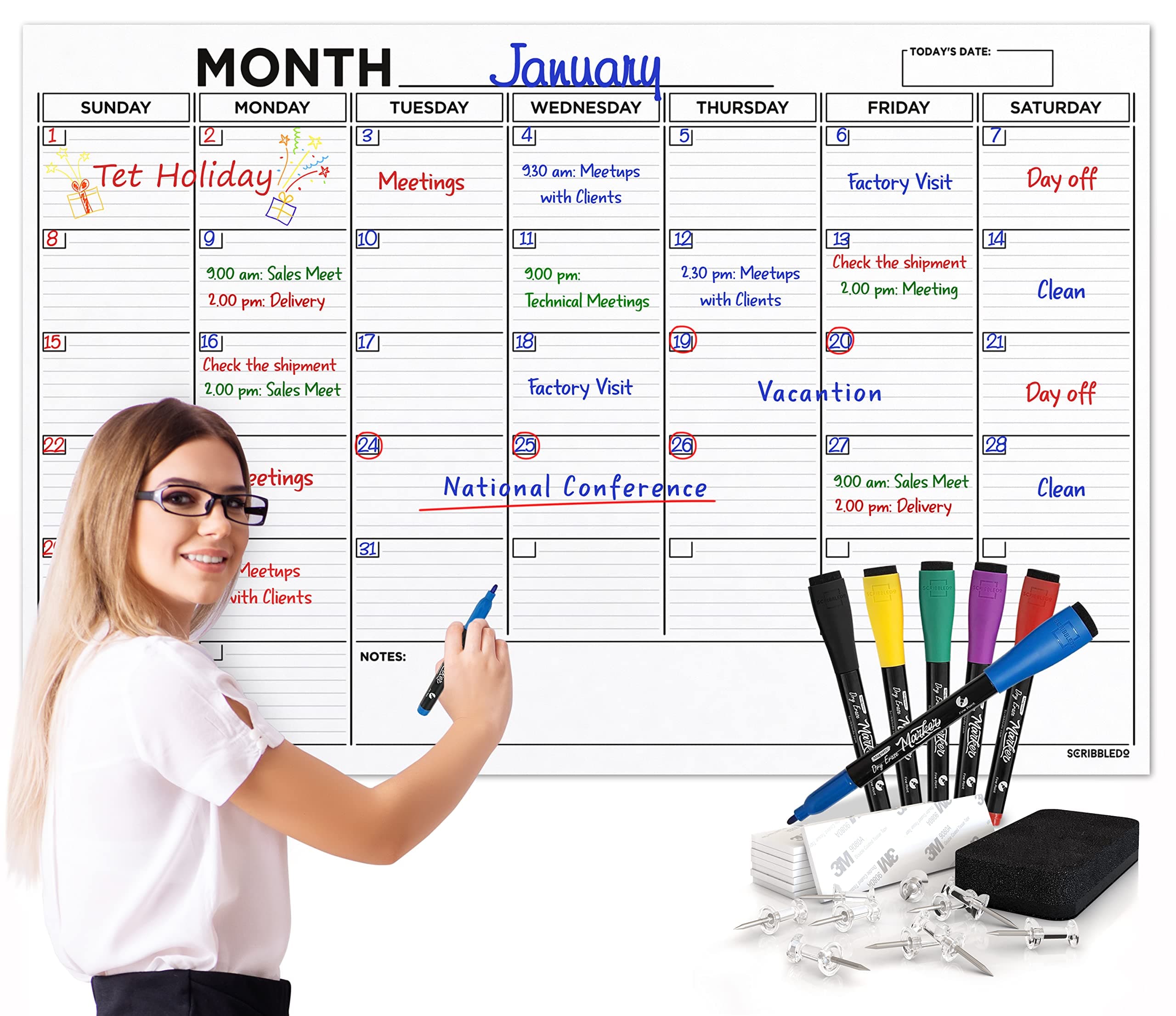 Large 36"x48" White Board Calendar Blank Dry Erase Calendar for Wall Big Dry Erase Wall Calendar Monthly Large Wall Calendar Dry Erase Board Planner Includes 6 Markers Eraser Push Pins & Mounting Tape