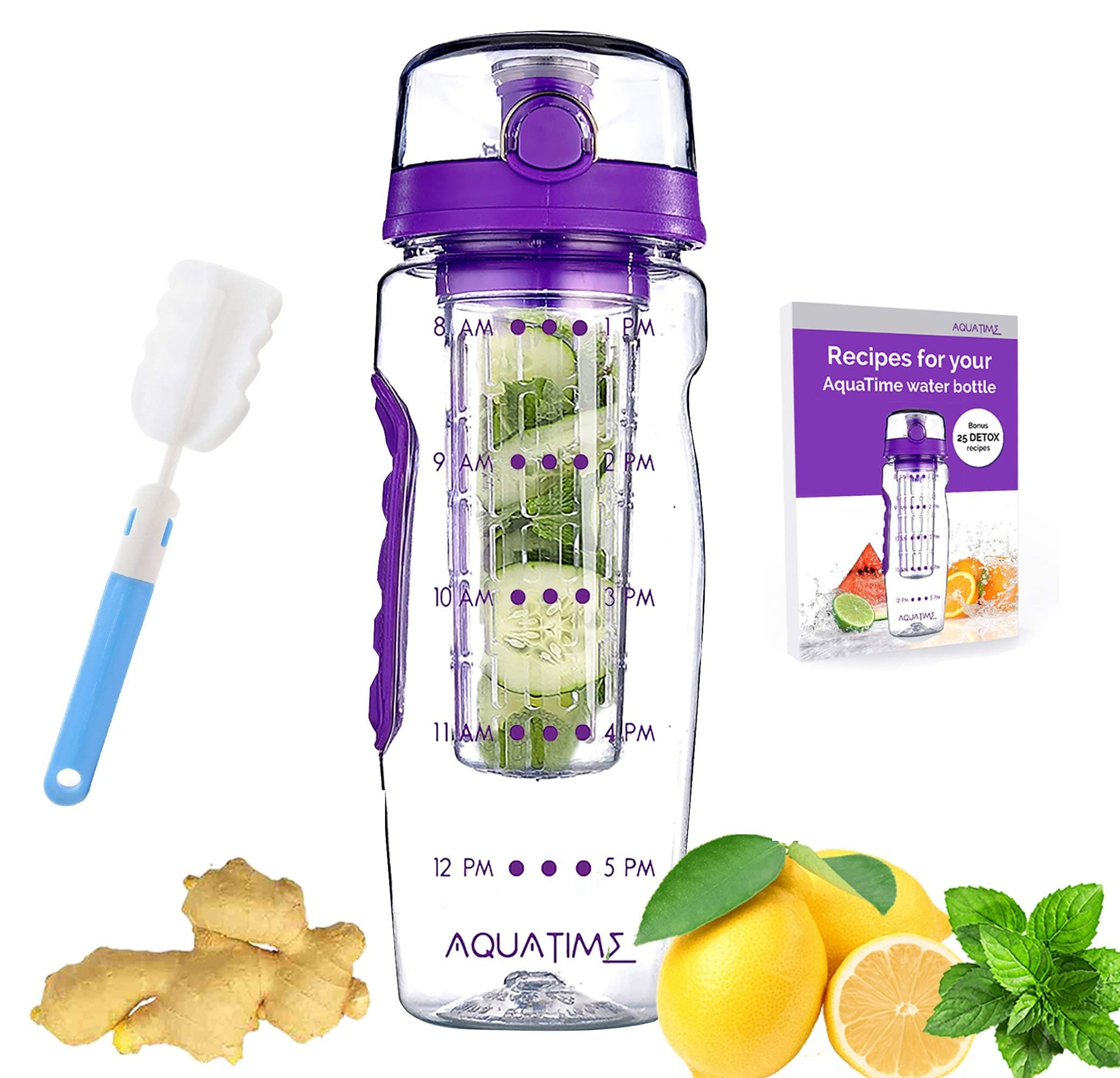 Time Marked Fruit Infuser Water Bottle AQUATIME Large 32 oz – Free Brush For Easy Clean – Convenient To Carry - Leak Proof - FDA Approval BPA Free & Eco – Friendly Tritan Copolyester Plastic
