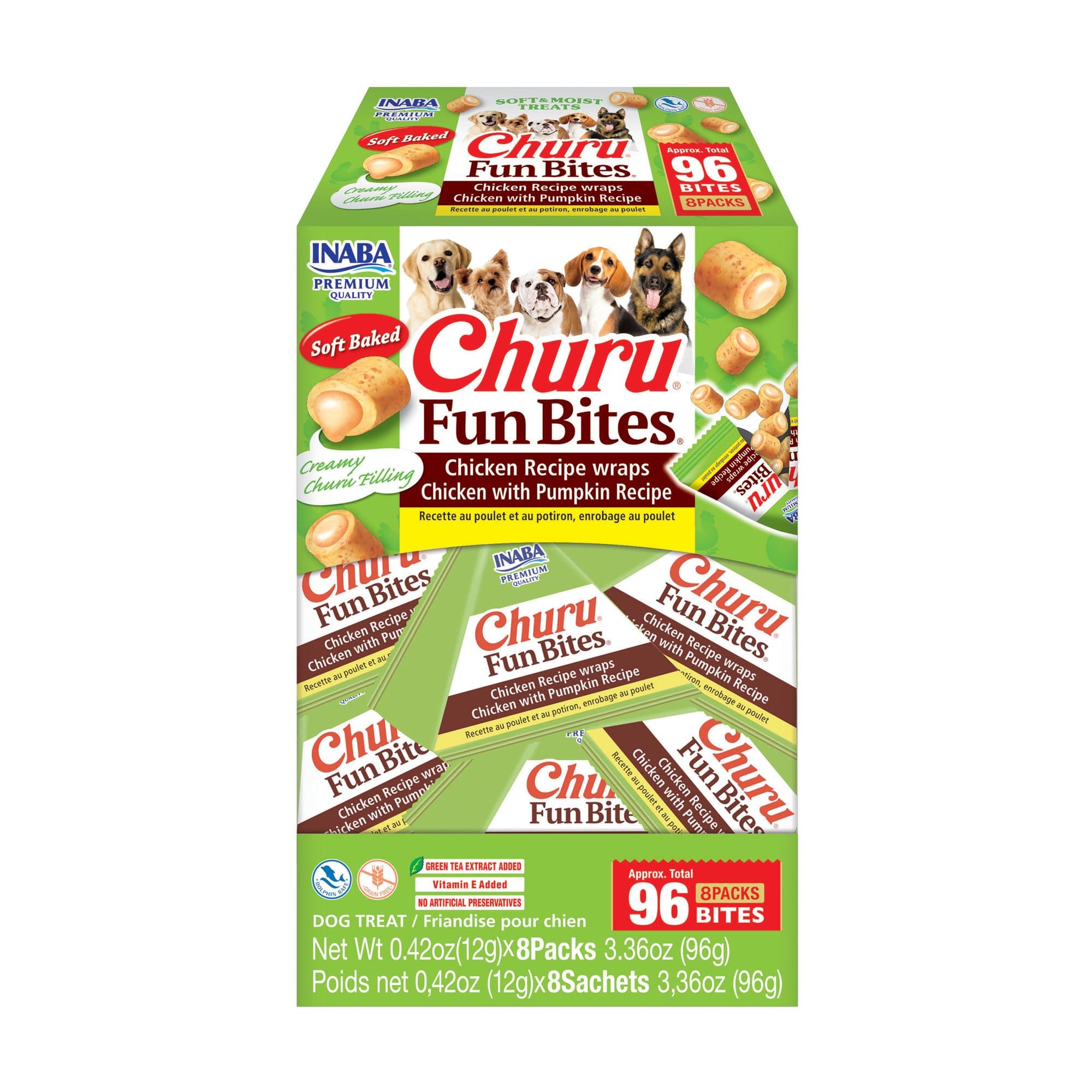 Churu Fun Bites for Dogs, Soft & Chewy Baked Chicken Wrapped Filled Dog Treats with Vitamin E, 0.42 Ounces per Tetra, 8 Tetras per Box, Chicken with Pumpkin Recipe