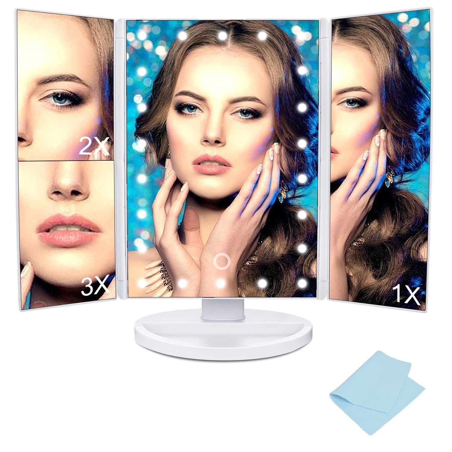 MaByTre Lighted Makeup Mirror Tri-folded Travel Vanity Mirror with 22 LED Lights and Magnifying Mirror with 2X 3X Magnification 180° Rotatable for Cosmetic Makeup - Small Mirror & Miror Cloth Included