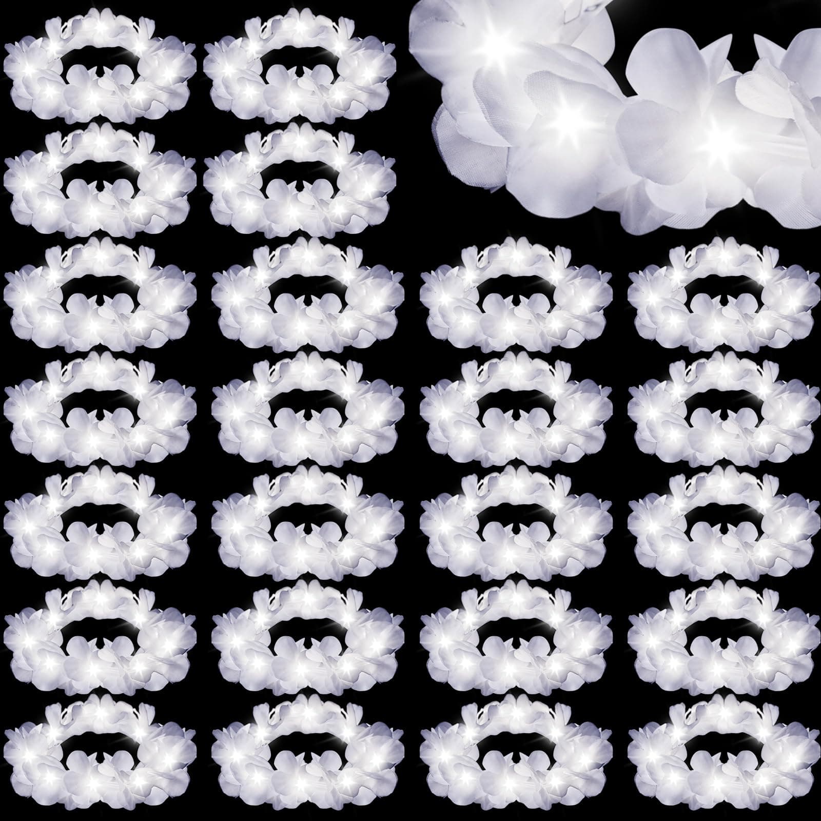 Retrowavy 24 Pcs LED Flower Crown Wreath Headband Fairy Flower Girl Headpiece Light up Hair Accessories for Wedding (White)