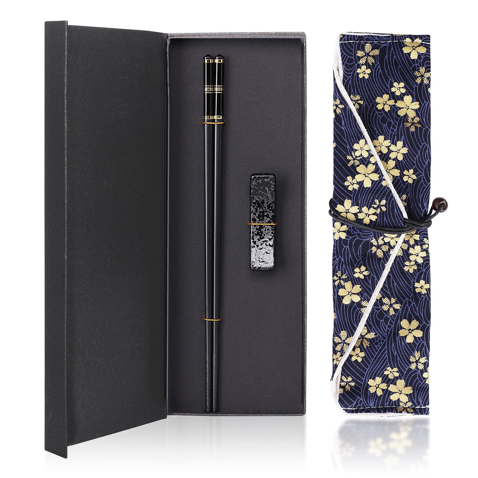 Chopsticks Reusable Fiberglass Alloy Chopsticks with Holder and Carrying Bag, 1 Pairs Gift Set