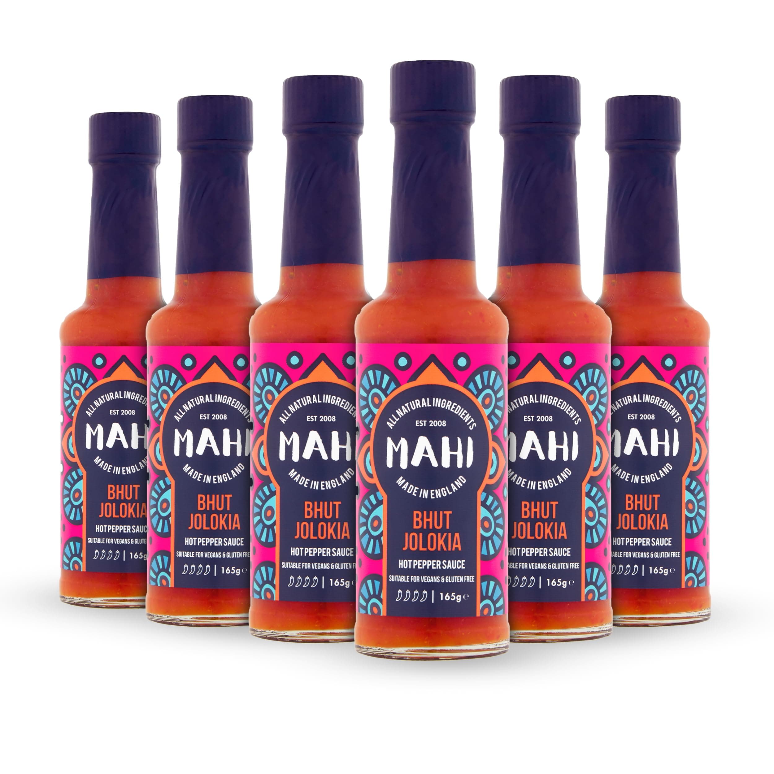 MAHI Hot Chilli Sauce | Vegan & Gluten Free | No Artificial Colours or Flavours (165 g (Pack of 6), Bhut Jolokia)