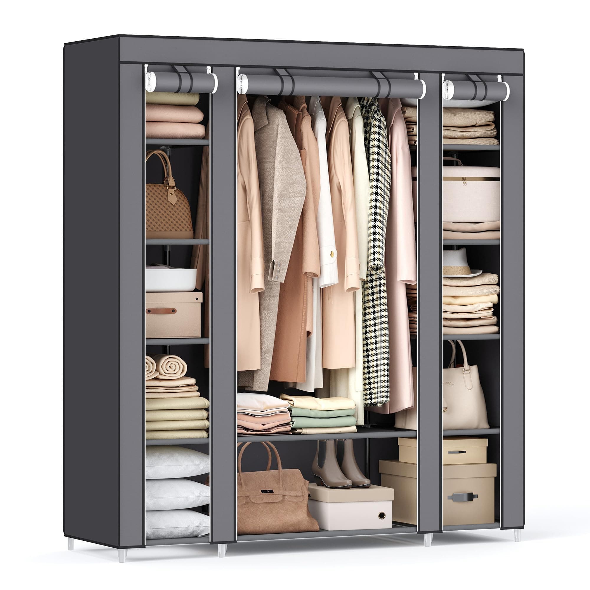 SONGMICS Closet Wardrobe, Portable Closet for Bedroom, Clothes Rail with Non-Woven Fabric Cover, Clothes Storage Organizer, 59 x 17.7 x 69 Inches, 12 Compartments, Gray ULSF03G