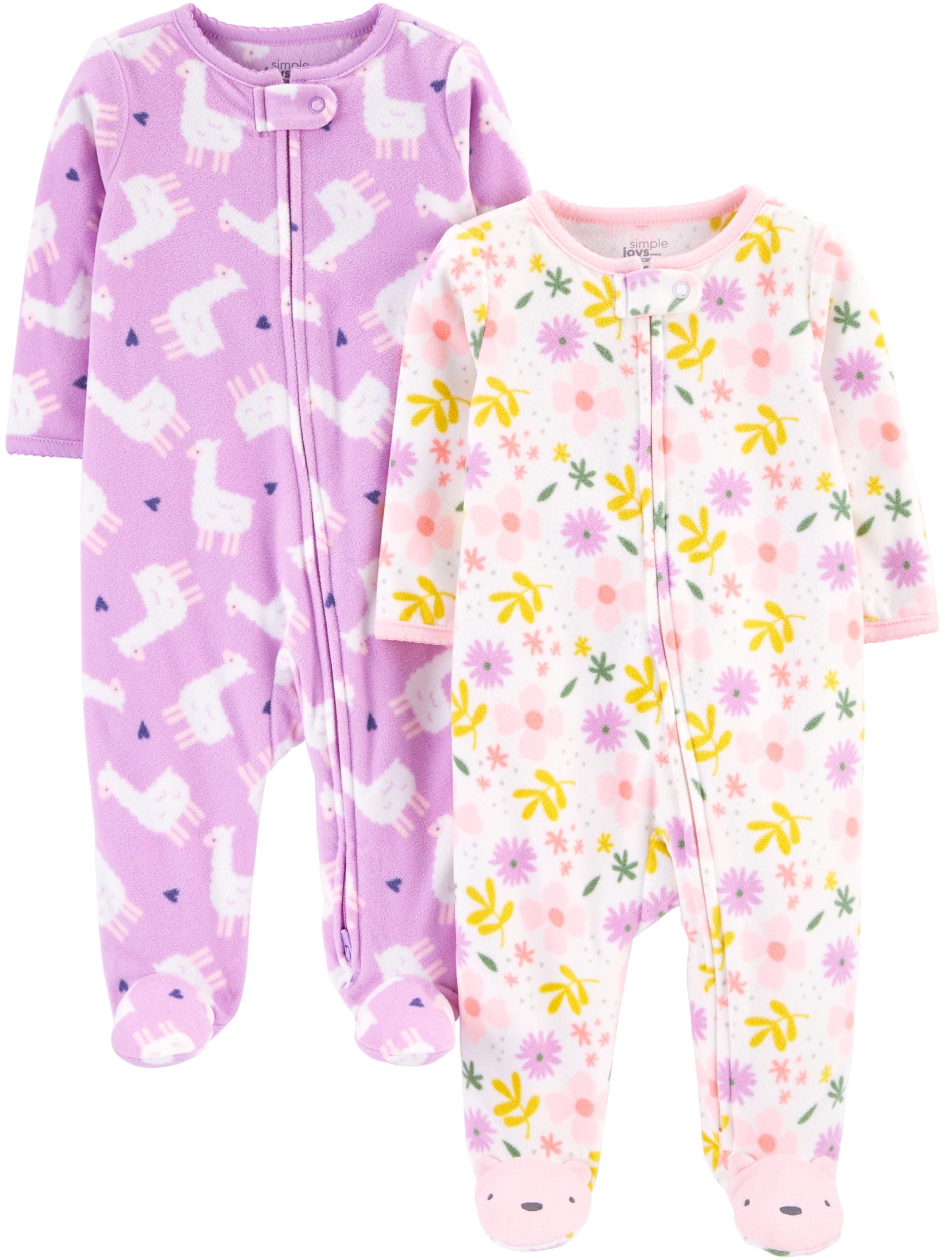 Baby Girls' Cotton and Fleece Footed Sleep and Play, Pack of 2