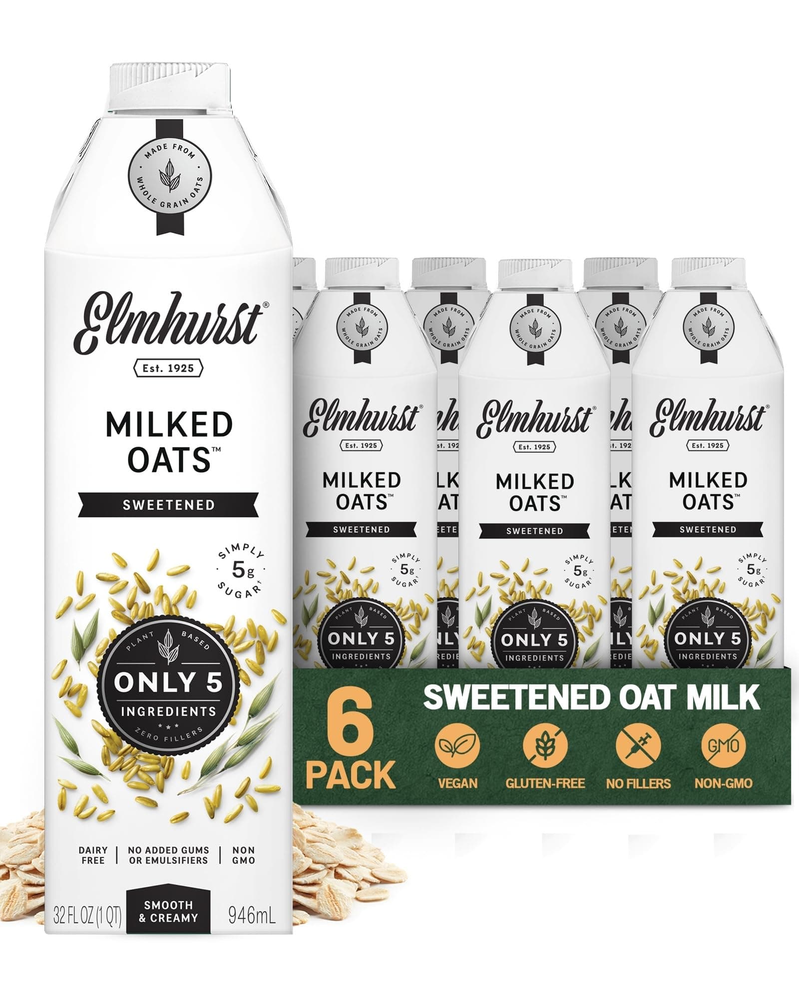 1925 Milked Oats Sweetened Oat Milk, Dairy Free, Vegan, 32 Ounce (Pack of 6)