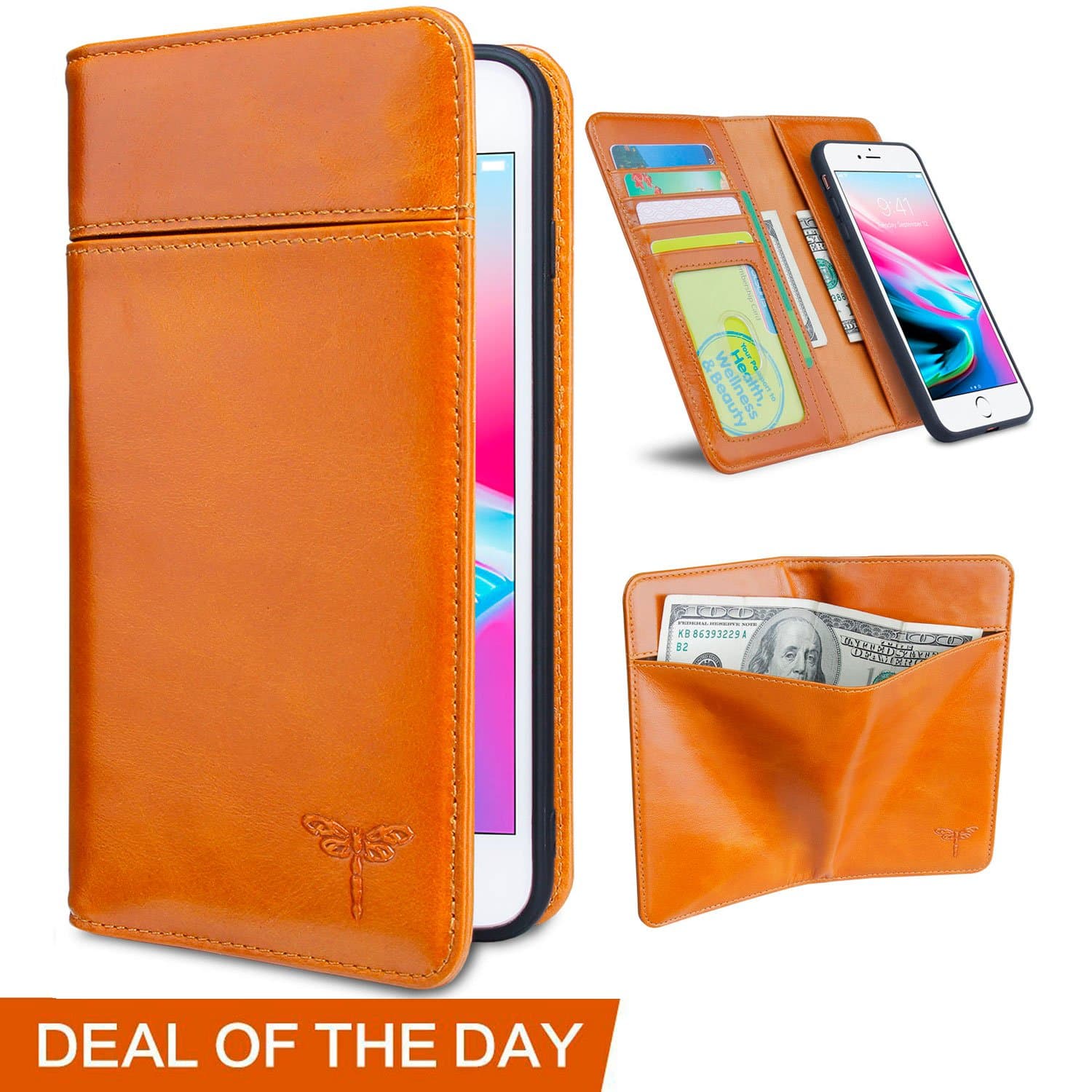 Compatible iPhone 7 Plus Case, iPhone 8 Plus Wallet Cases with Magnetic Detachable Case,4 Card Holder Slots,4 Bill Pockets, Premium Genuine Leather Handmade Flip Case for iPhone 7 Plus/8 Plus - Brown