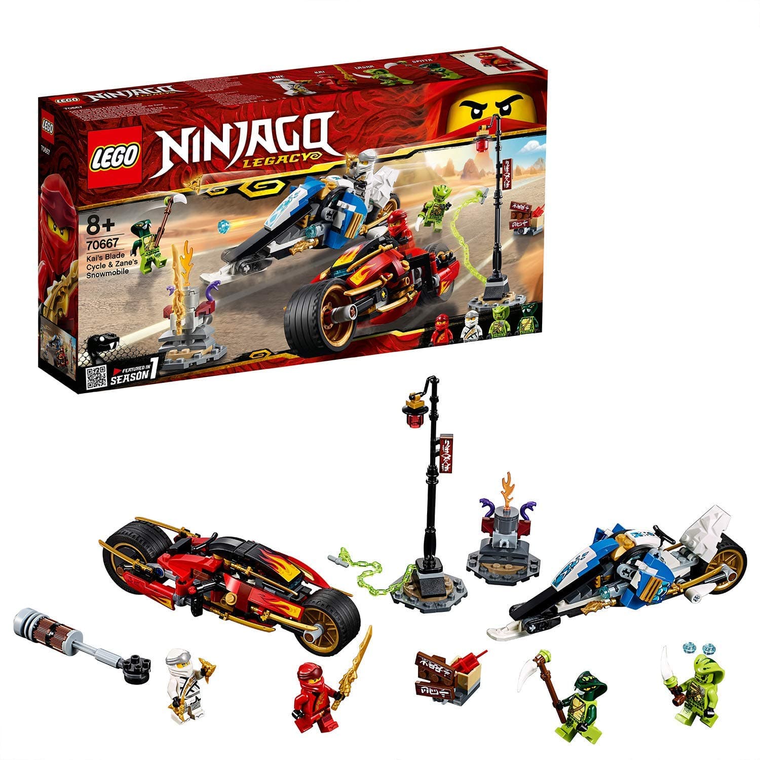 LEGO NINJAGO Legacy Kai’s Blade Cycle and Zane’s Snowmobile 70667 Building Kit (376 Pieces)