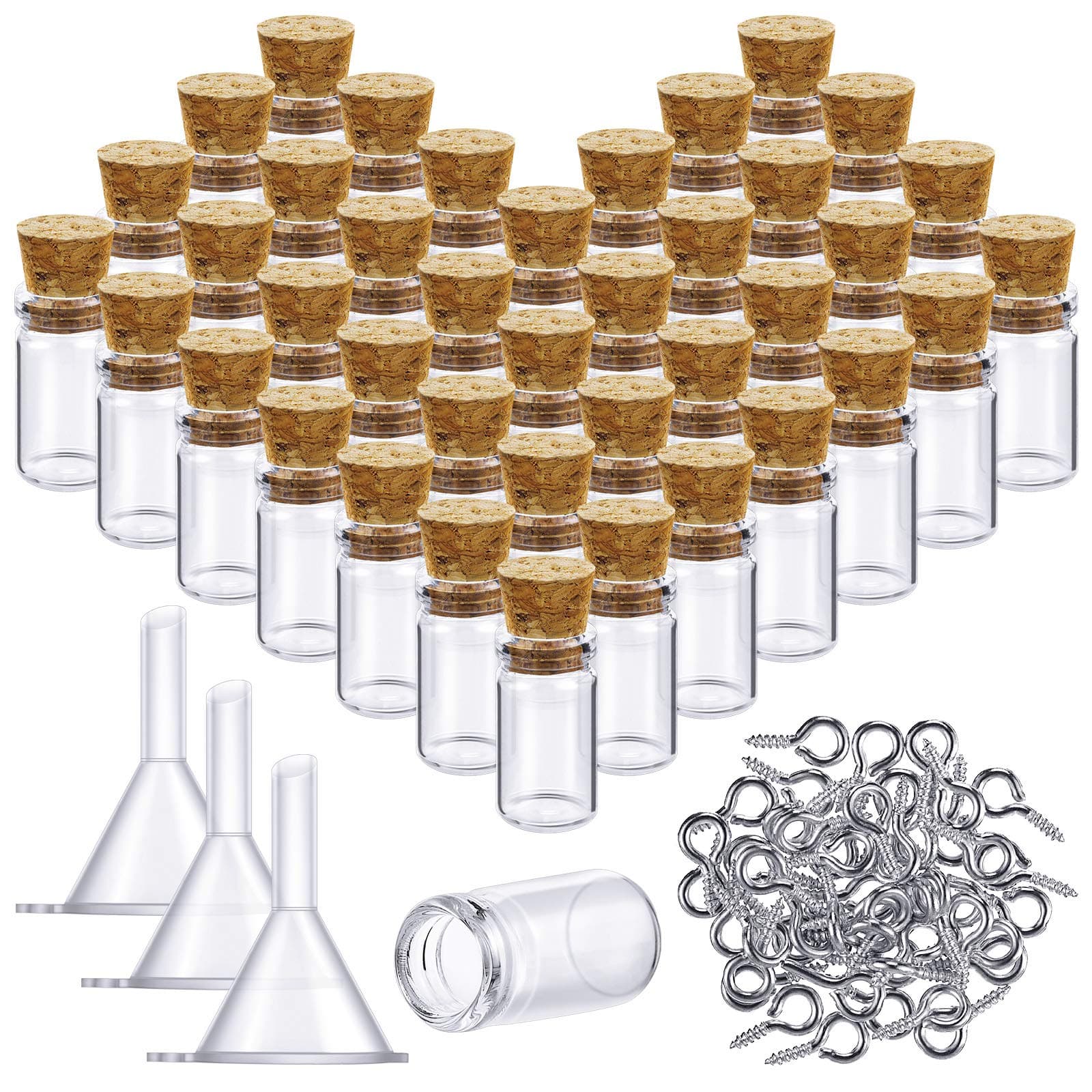 Yungyan 50 Pieces Small Mini Glass Bottles Jars with Cork Stoppers Set, Tiny Cork Glass Bottles with Eye Screws and Small Funnel for Decoration, Art Crafts, DIY Projects, Party Favors (0.5ml)
