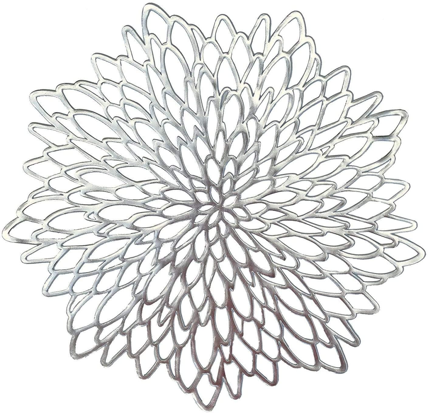 HEYOMARTPVC Placemats Sets of 4 Round Leaf Place Mats Washable Heat Resistant Vinyl Table Mats for Morden Kitchen Dining Table Wedding Accent Centerpiece Placemat, Silver