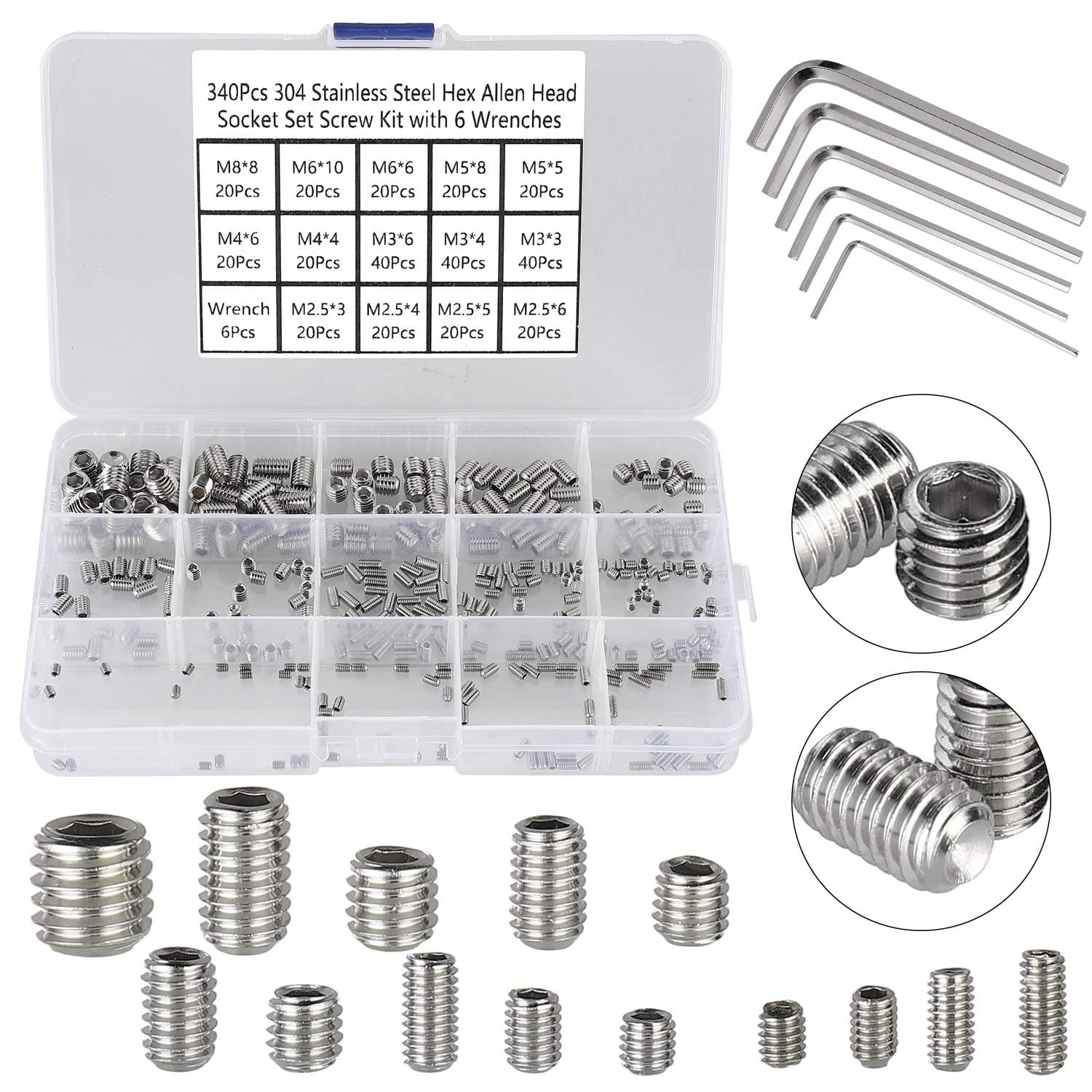 340Pcs Grub Screws Assorted,304 Stainless Steel Set Screws,Hex Head Allen Key Screw M2.5 M3 M4 M5 M6 M8 Door Handle Screw with Internal Hex Drive For Tap Faucet Light Fixture Repairs.