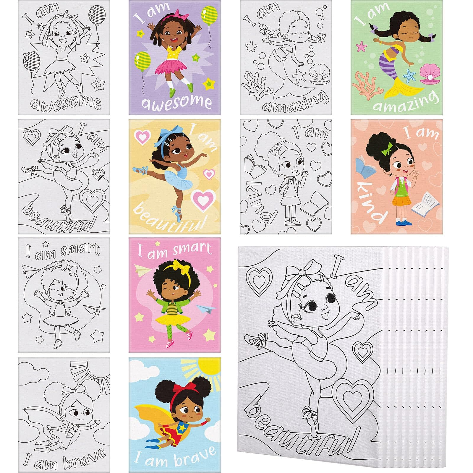 Tatuo 6 Pieces Black Women Pre Drawn Canvas for Painting 8 x 10 Inch Pre Drawn Stretched Outline Canvas Sip and Paint Kit for Adults Birthday Gifts