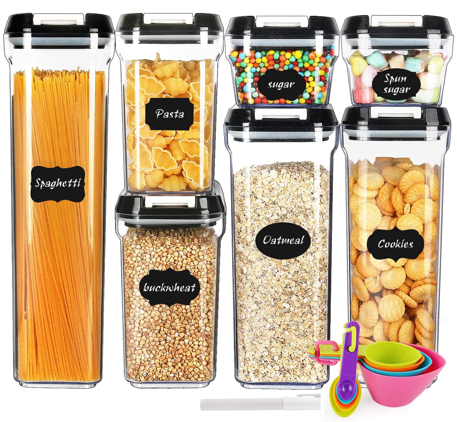 Food Storage Containers with Lids, Airtight Plastic Container Spaghetti & Cereal Dispenser BPA Free,Set of 7