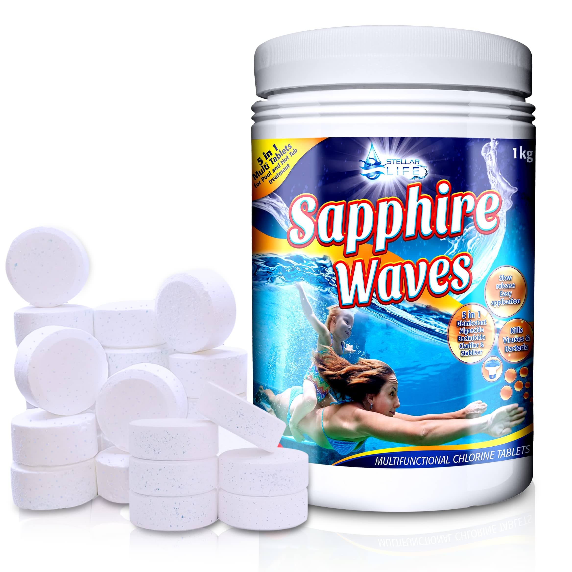 5 in 1 Multifunction Chlorine Tablets for Hot Tubs, Spa, Swimming Pools. 1Kg Tub 50 x 20g 1" Spas Paddling Pool Hot Tub Chlorine Tablets for use in Chemicals Floating Dispenser.