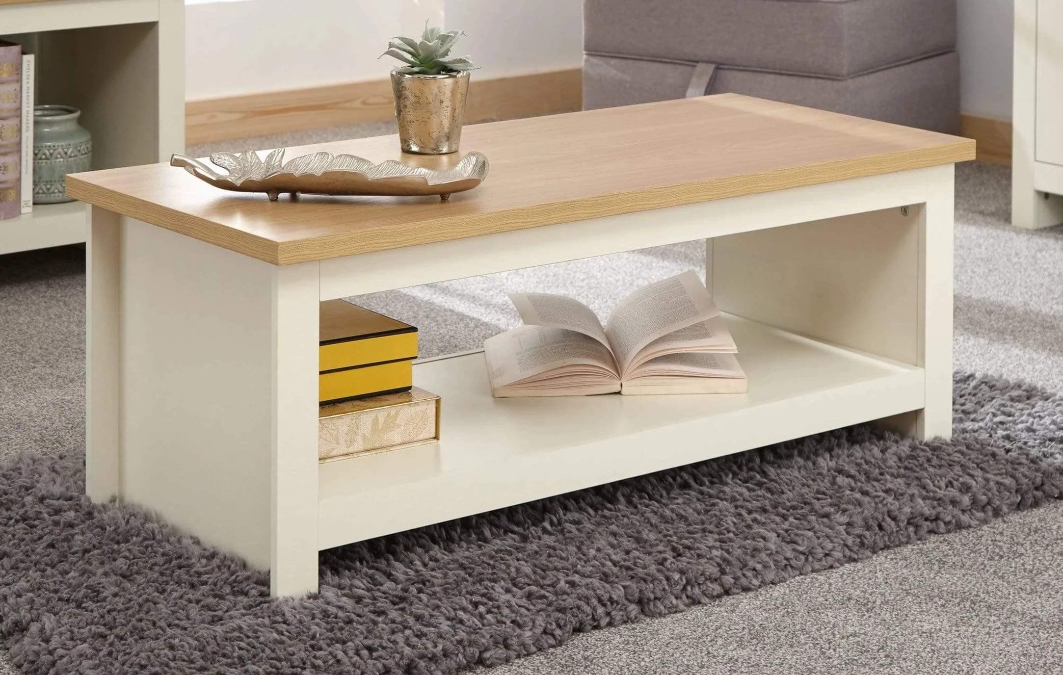 GFW Lancaster Wooden Coffee Table With Shelf Storage, Wood, Cream, 105 x 41.5 x 47 cm