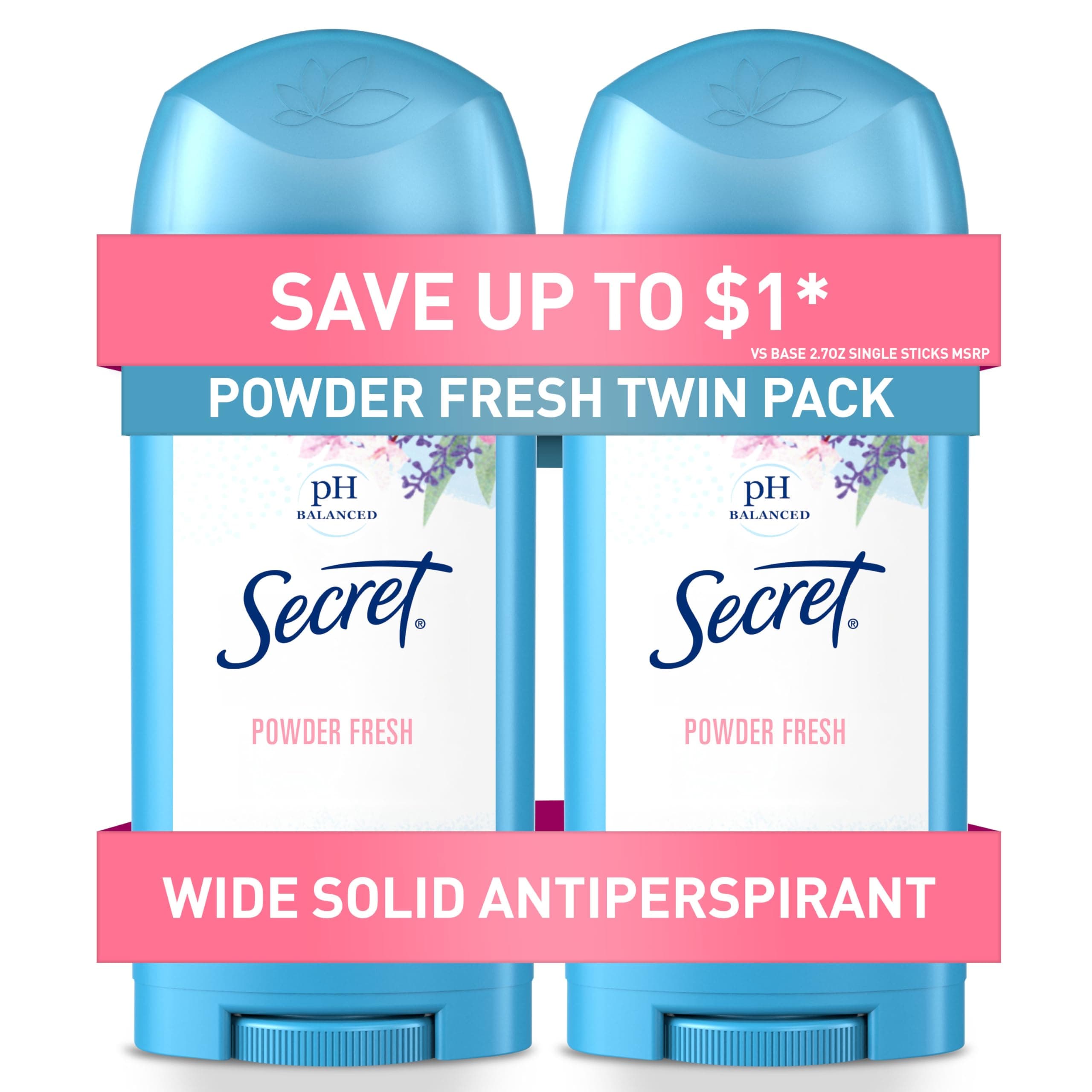 Antiperspirant and Deodorant for Women, 24hr Sweat & Odor Protection, PH Balanced Protection, Gentle on Skin, Wide Solid, Powder Fresh Scent, 2.7 oz (Pack of 2)
