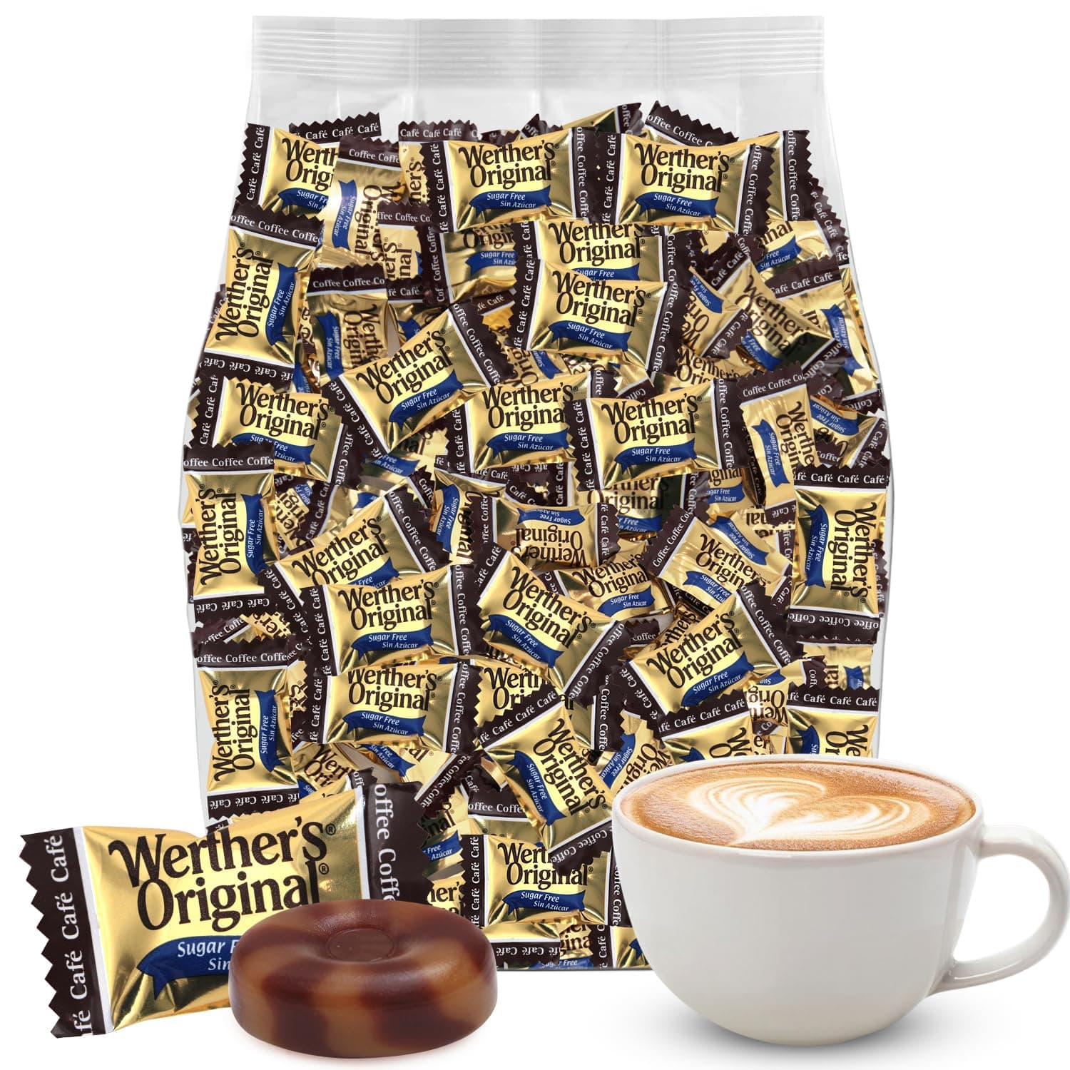 Werther's Original Hard Sugar Free Coffee Caramel Candy, Individually Wrapped Healthy Sweet Coffee Caramel Bites for Guilt-Free Pleasure, Melts in Your Mouth in a Satisfying Creamy Way, 1lb (Correct