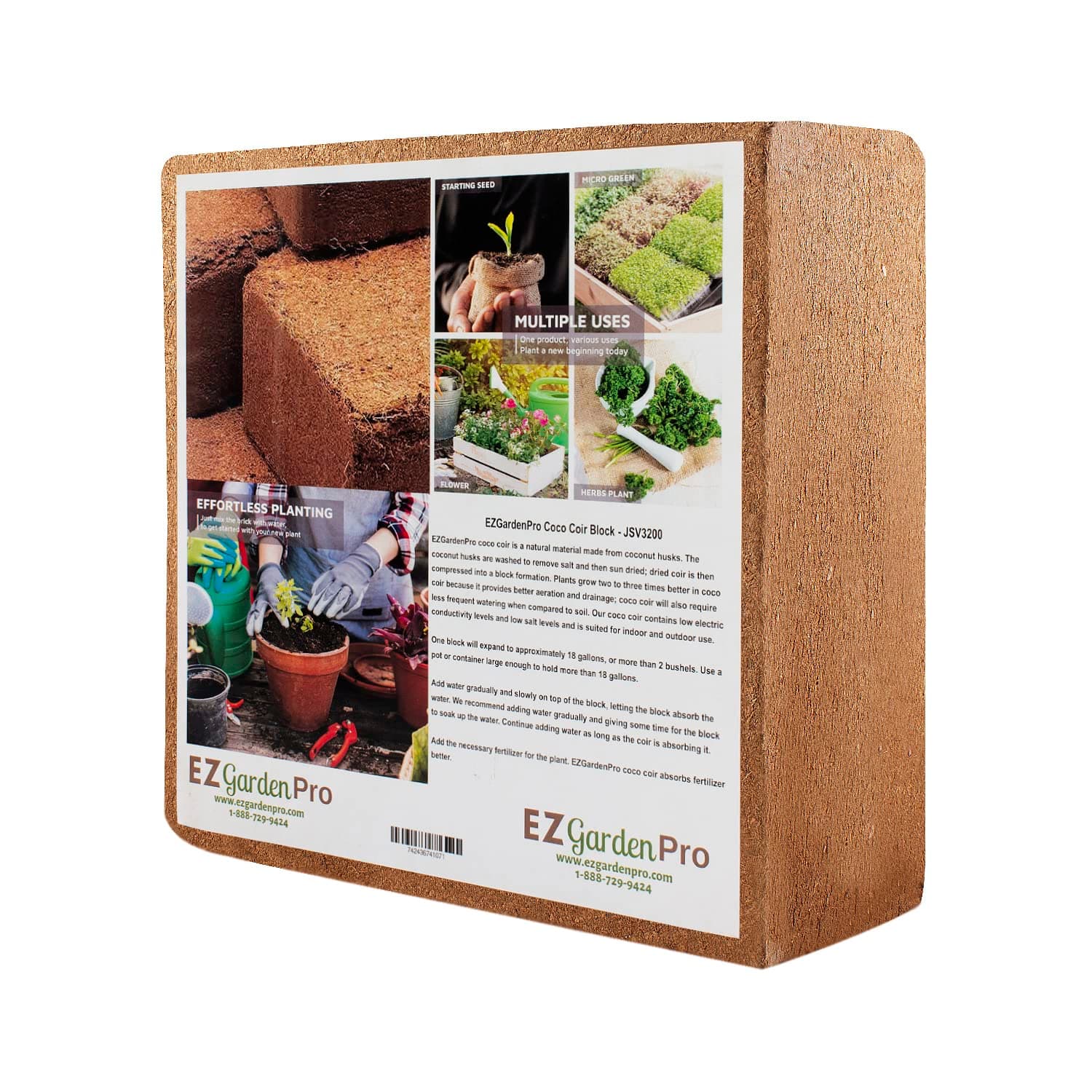 Coco Coir Block - Organic Garden Soil for Indoor & Outdoor Gardens and Greenhouses; Each 11 Pound Block Gets About 20 Gallons, Excellent Aeration, Retains Water