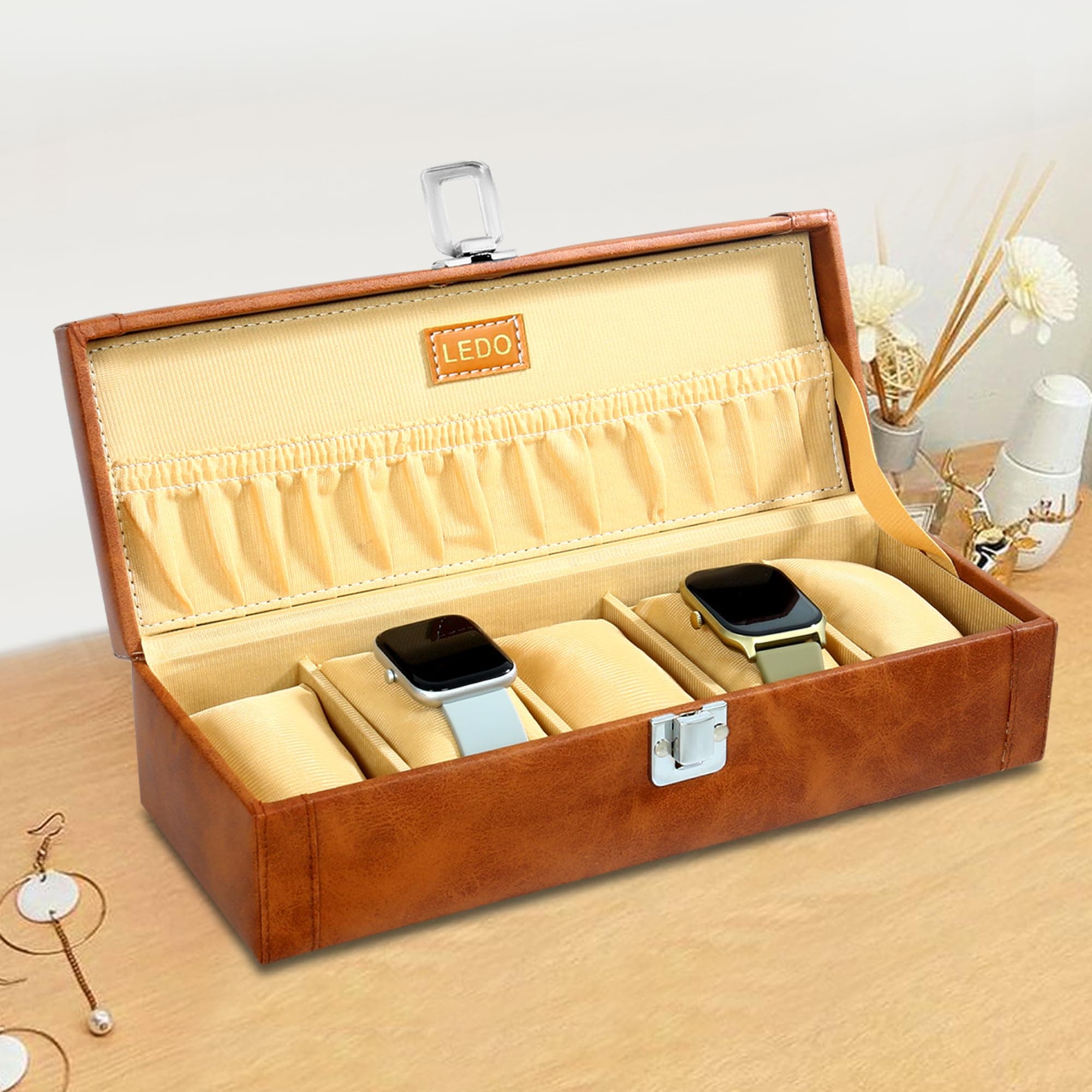 Watch Box organizer case for Men and Women in tan color with 5 slots of watches PU Leather