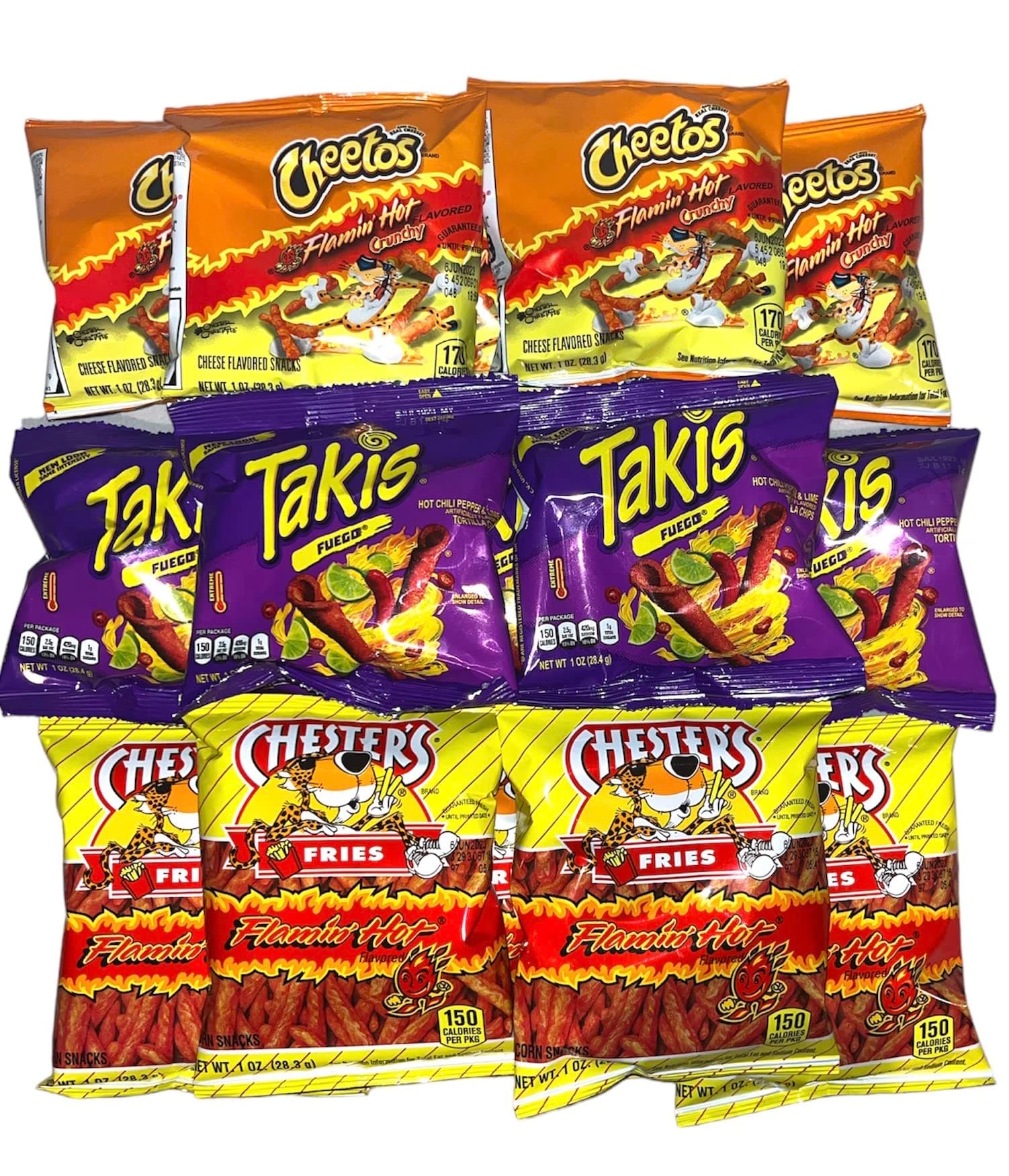 Hot Chips Variety Pack - Takis Fuego, Flamin' Hot Cheetos, and Chester's Hot Fries Pack of 12 with a Mystery Item, Perfect Snack with a Surprise