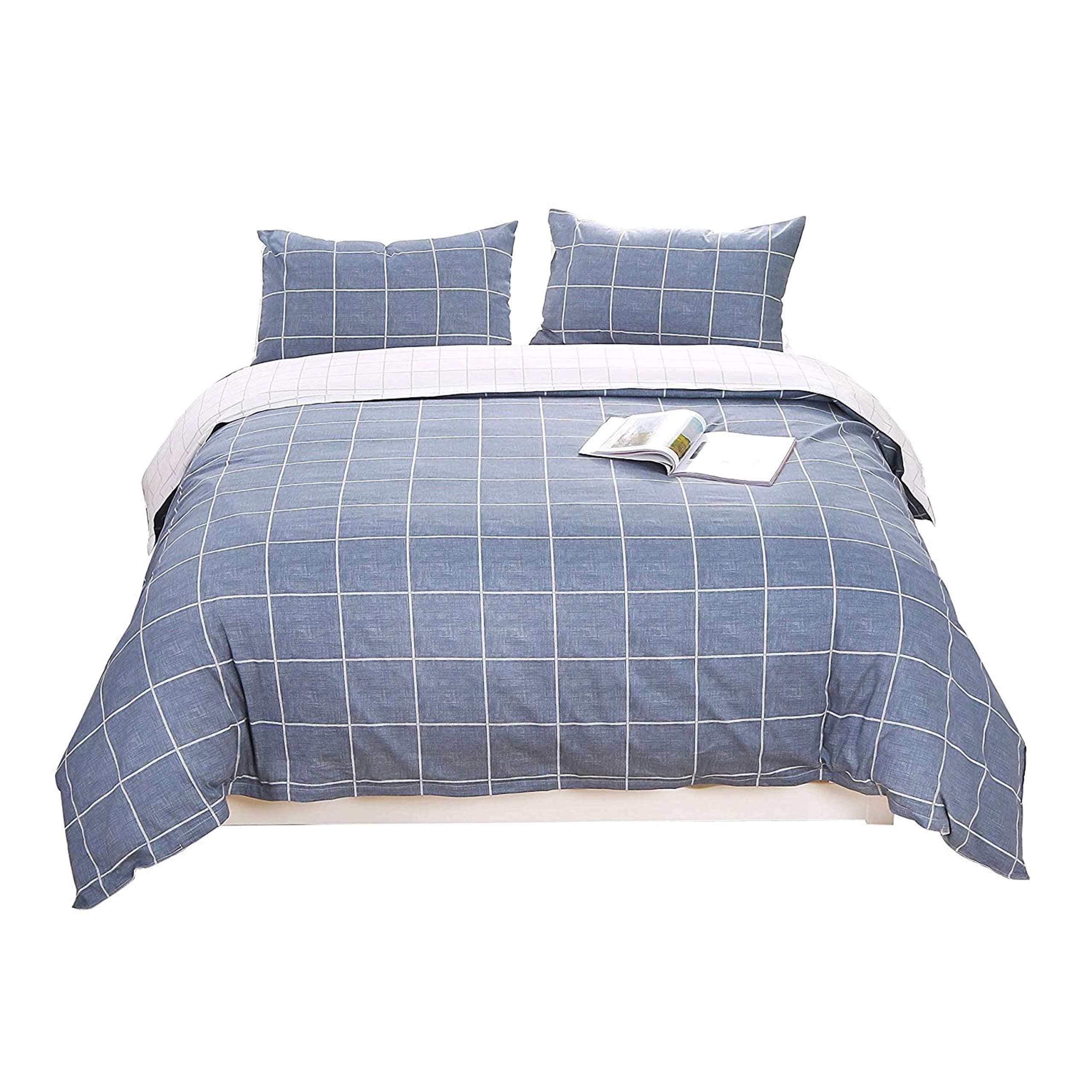 Topmail Double Duvet Covers Set 3 Pieces 100% Cotton Grey Plaid Bedding Set White and Grey Reversible 300TC Printed Bed Covers Double Set(Double-200x200cm/79x79inch)