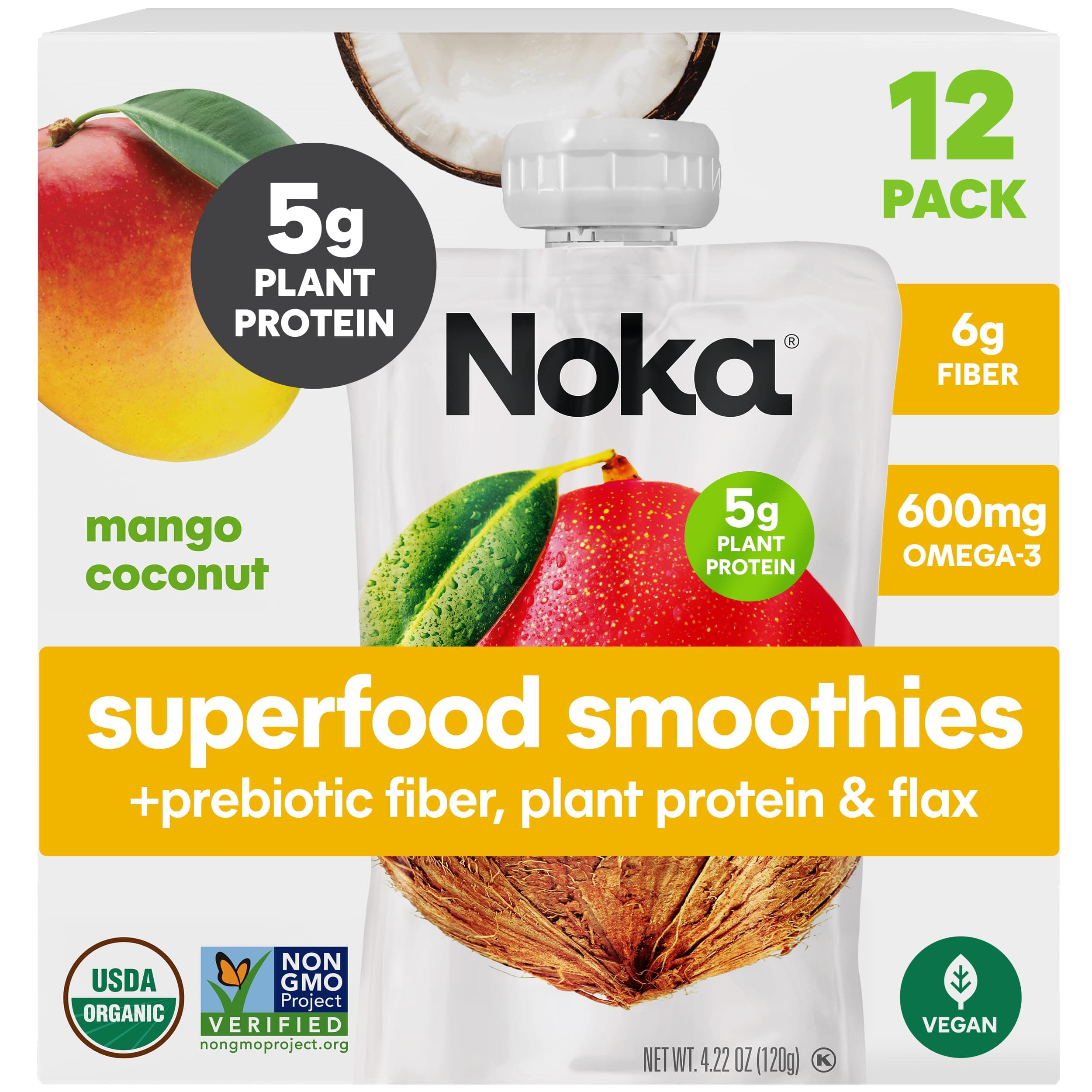 Noka Superfood Fruit Smoothie Pouches, Mango Coconut, Healthy Snacks with Flax Seed, Plant Protein and Prebiotic Fiber, Vegan and Gluten Free Snacks, Organic Squeeze Pouch, 4.22 oz, 12 Count