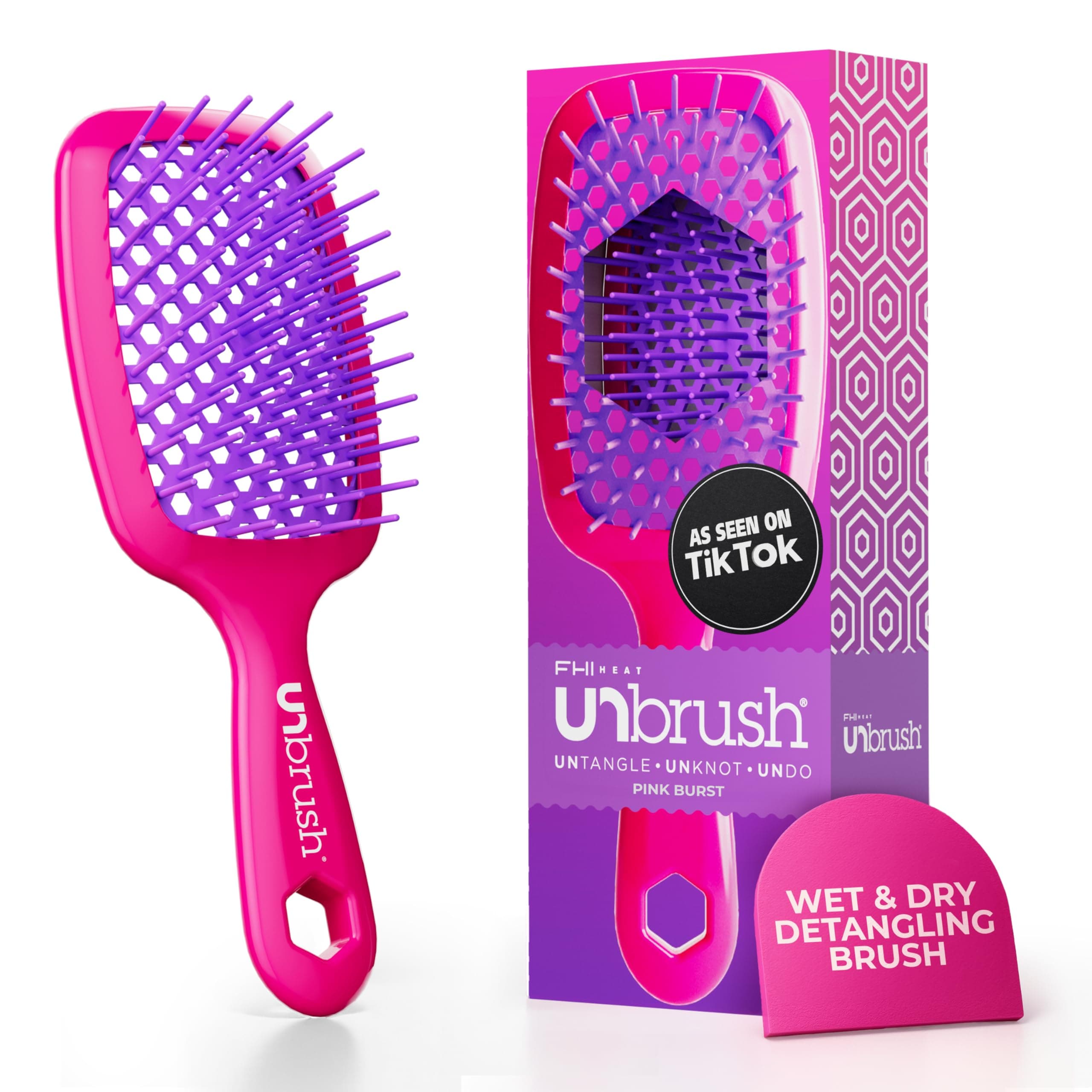 UNbrush Detangling Brush for Pain-Free Brushing on All Wet or Dry Hair Types — Durable DuoFlex Anti-Static Bristles, Lightweight Handle, Vented Hair Brush, Pink Burst